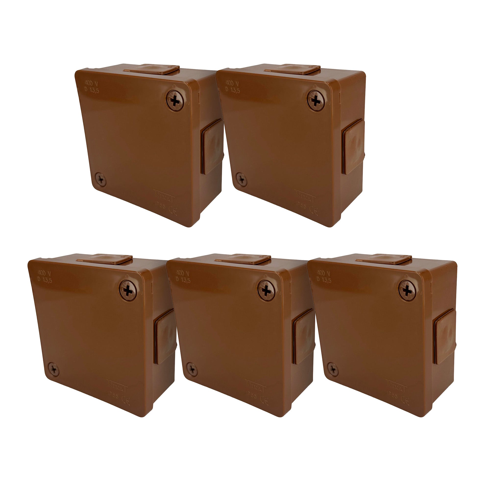 Puszka natynkowa hermetyczna 86x86x40mm 4-wlotowa, z dławikami gumowymi, IP55 zamknięcie ""na wkręty", brązowa EDO 5szt.