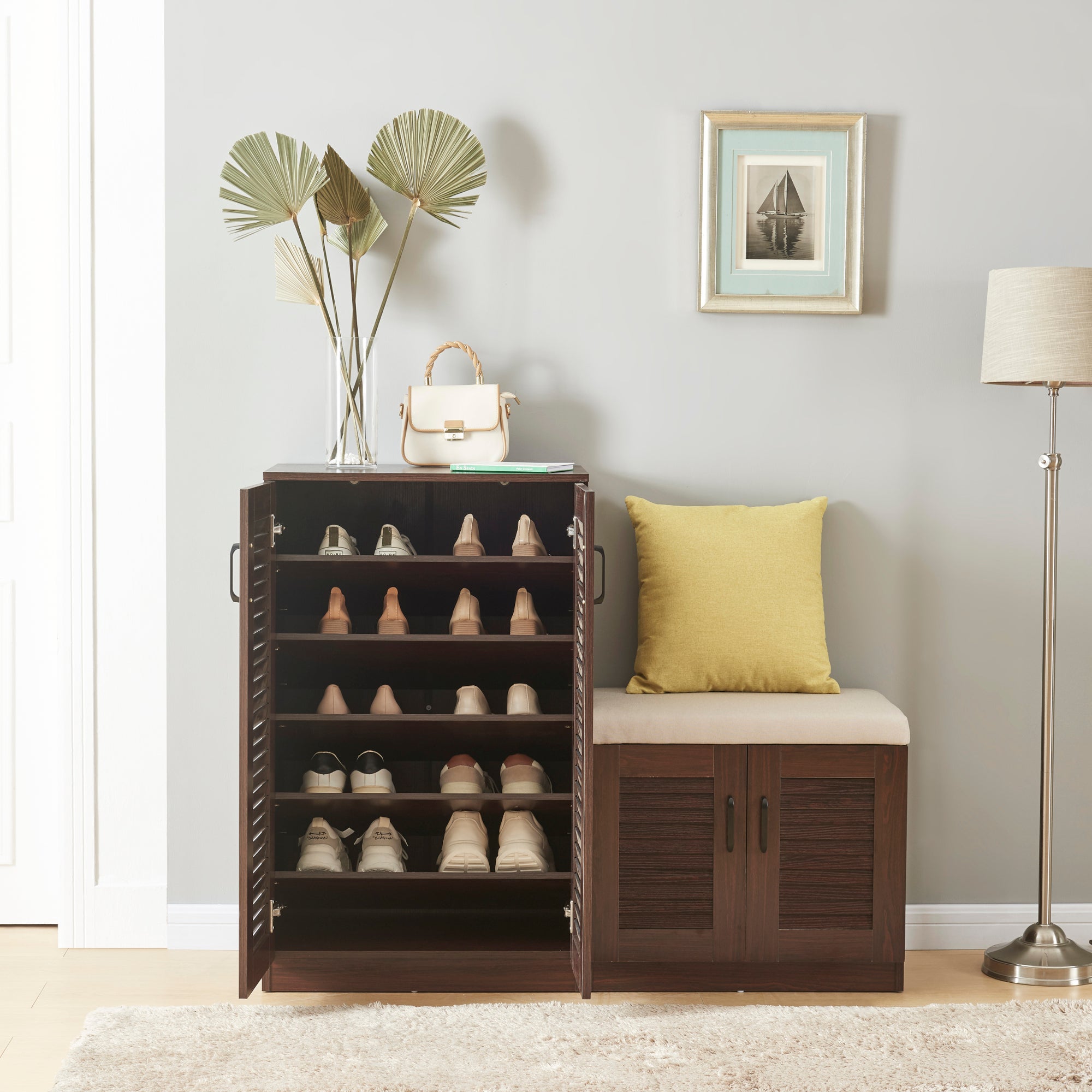 Meuble à chaussures Løten avec banquette 97 x 120 x 36 cm effet wengé [en.casa] - 2