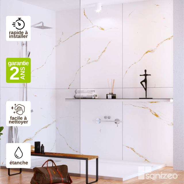 Kit 2 Panneaux Muraux Décoratifs - 120x120 cm - Ép. 4mm - Effet Marbre Doré - CALACATTA GOLD KOBERTIN