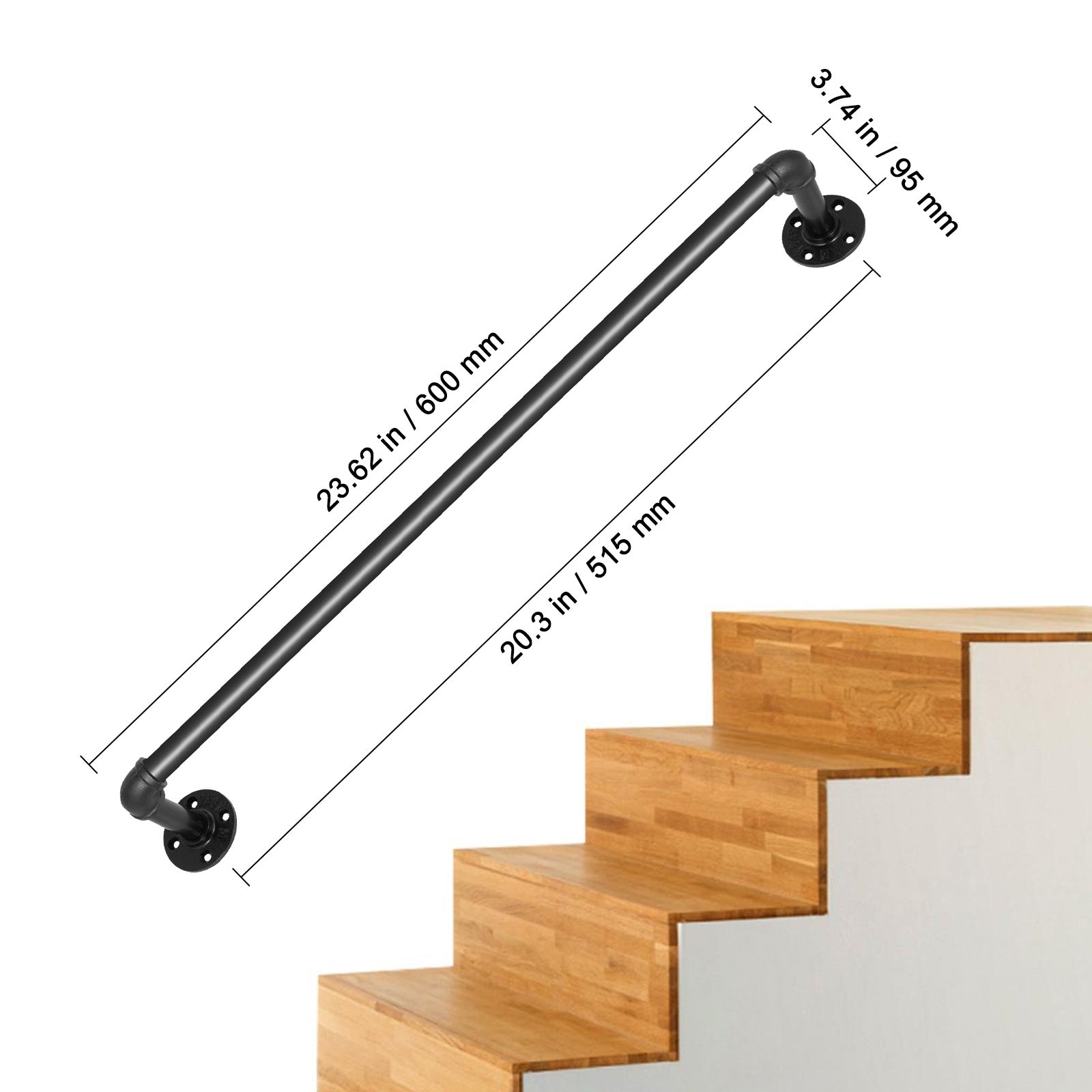 Rampe Murale Escalier 0,6 m SucceBuy, Main Courante Métal Ø32 mm Acier Carbone Noir, Charge 200 kg avec Supports pour Escalier, Maison, Jardin - 9