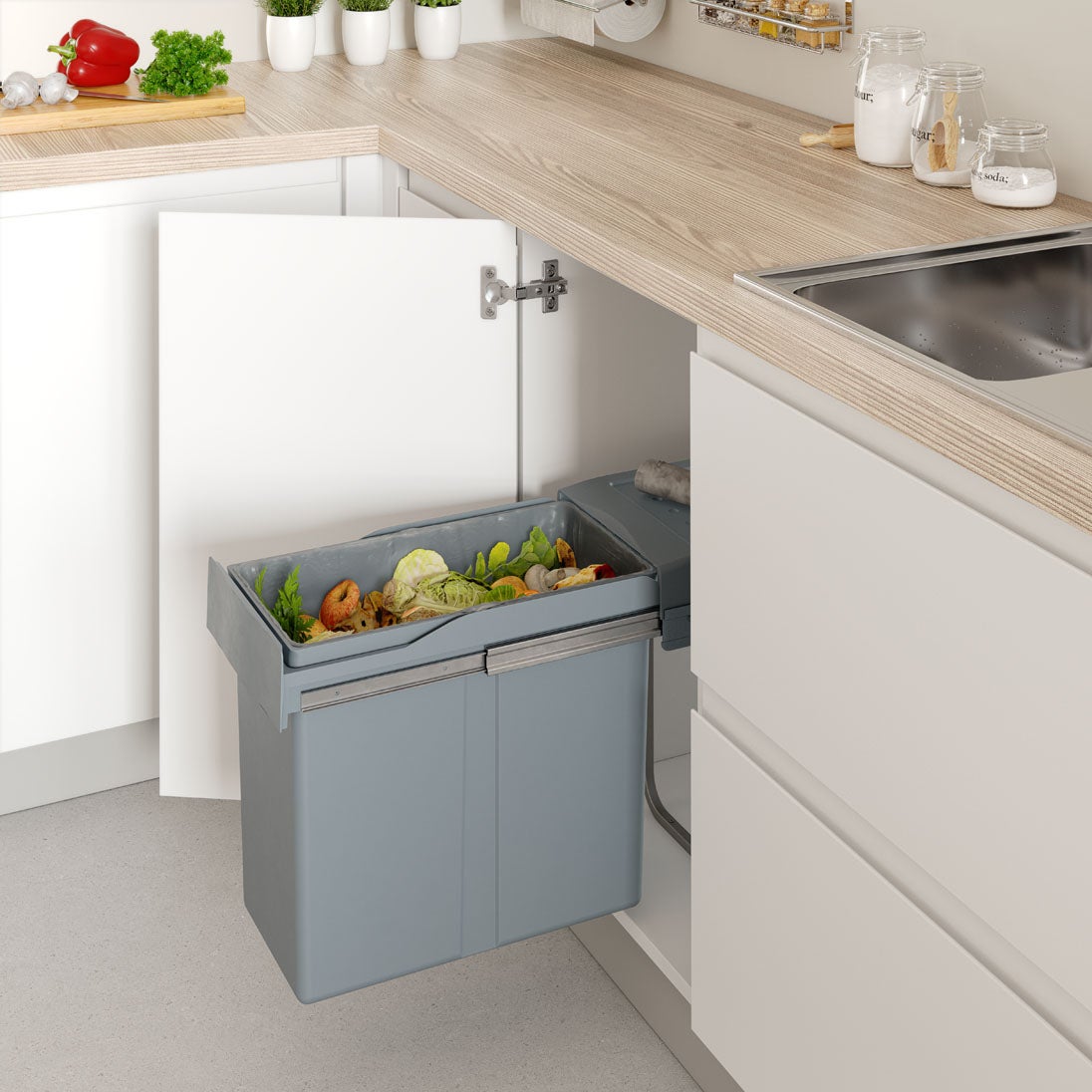 Cubo de basura extraíble para armario de cocina de ancho 255mm con 1 cubo de 40 litros