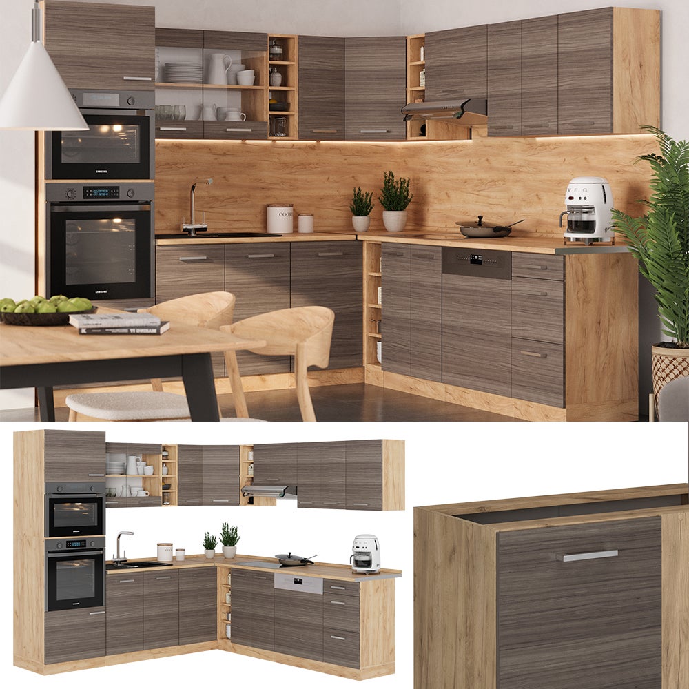 Vicco Cuisine en angle R-Line, Gris noble/Chêne de force doré, 247 x 237 cm, PT Chêne - 8
