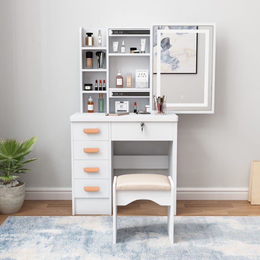 Toeletta Trucco Con Specchio Scorrevole E Sgabello - Mobile Beauty Con Cassetti, Design Abby - Foto 4