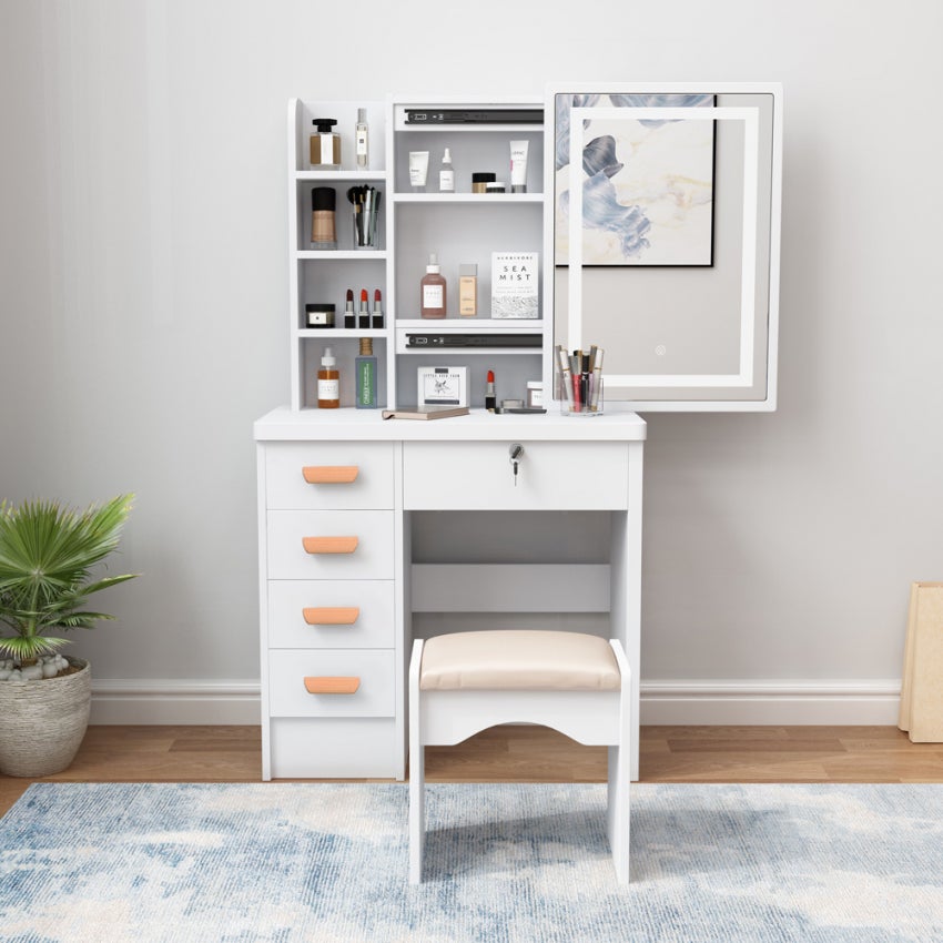 Bobkona Cailyn Flip up Mirror vanity Set with Stool in White