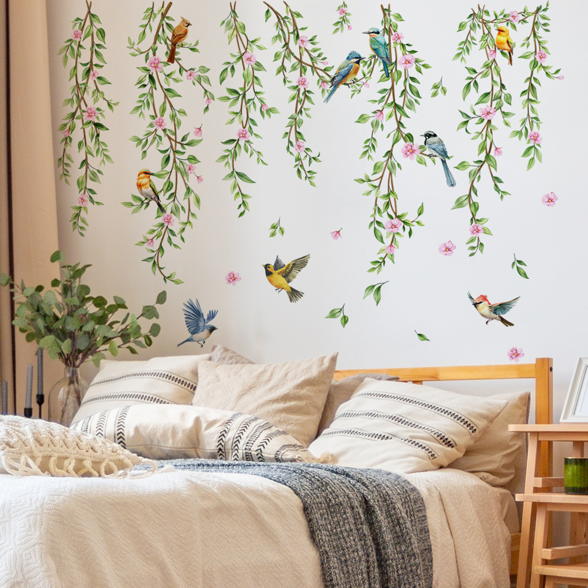Autocollants muraux de plantes suspendues avec lianes, feuillages et oiseaux, décorations pour murs de chambre, salon et murs d'arrière-plan - 4