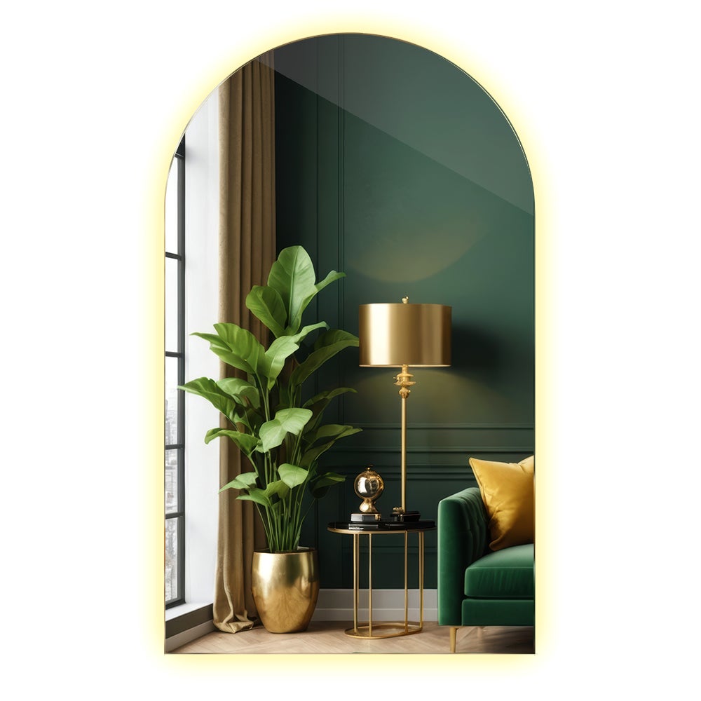 Nieregularne lustro półowalne 45 x 80 cm LED Premium wiszące do salonu – ciepłe światło