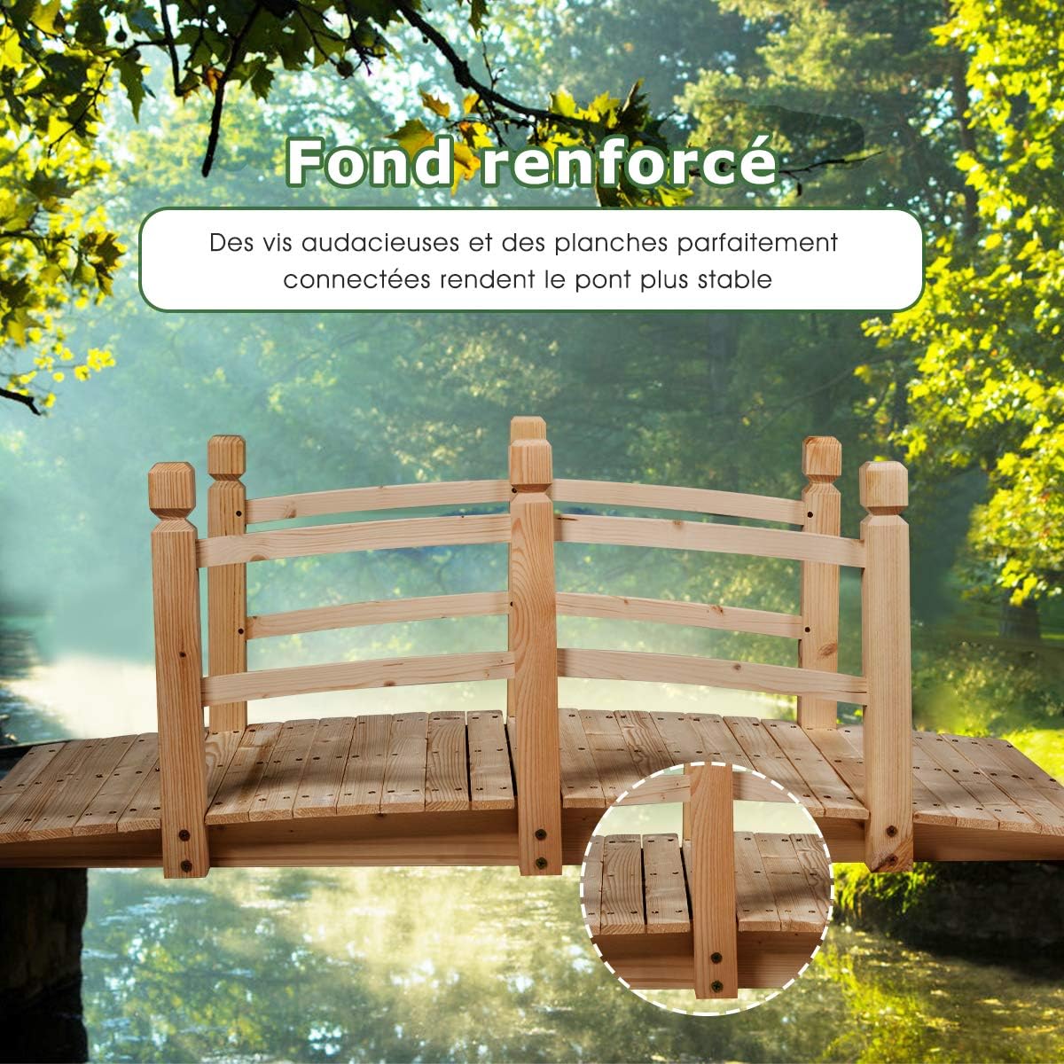 &nbsp;Pont de Jardin en Bois avec Balustrades 150 x 67 x 56 cm Charge 150 kg Max, Beige - 4