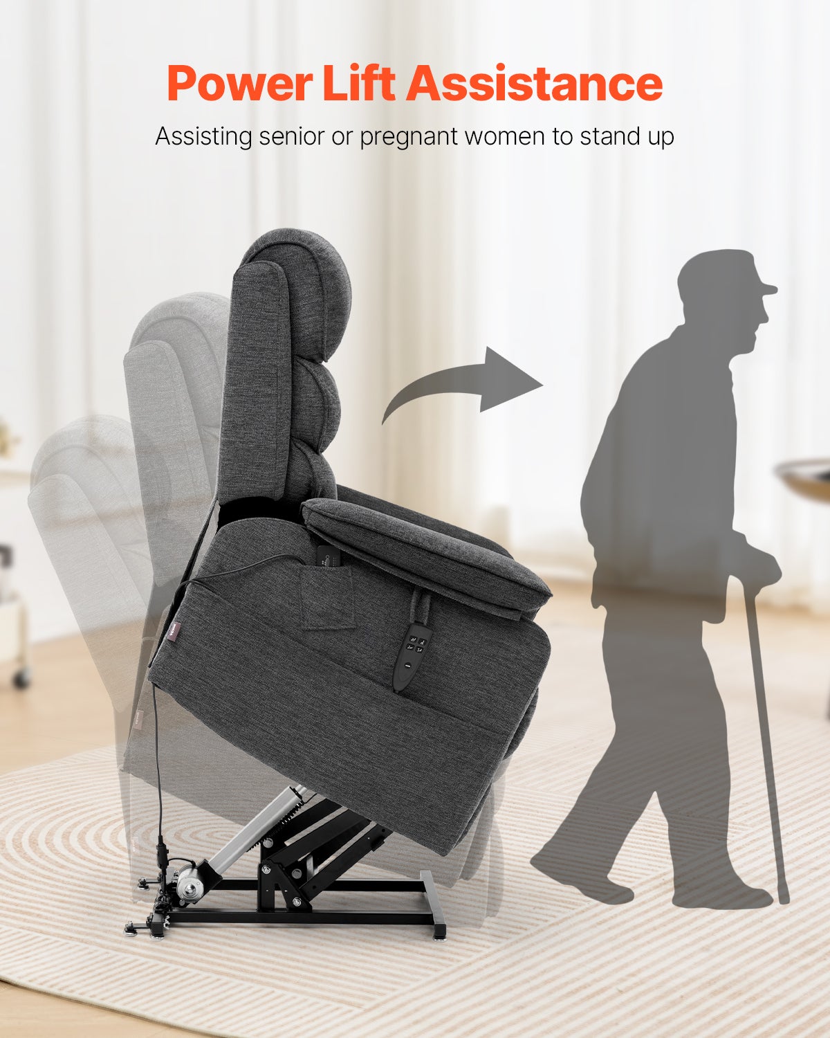 Fauteuil Inclinable Électrique Releveur,VEVOR Chaleur Massage pour Personnes Âgées,Double Moteur,2 Cordes Anti-Chute,Réglage Infini,Gris Foncé,M - 4