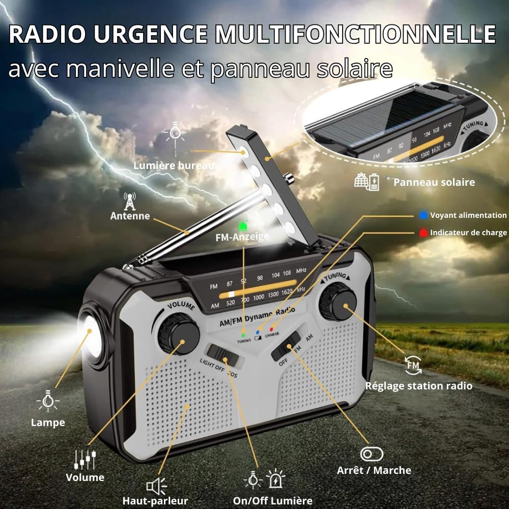 Rádio Solar, Rádio de Emergência Portátil AM/FM com Dínamo de Manivela, Lanterna LED, Alarme SOS para Camping, Emergência/Exterior (Cinza*1） - 4