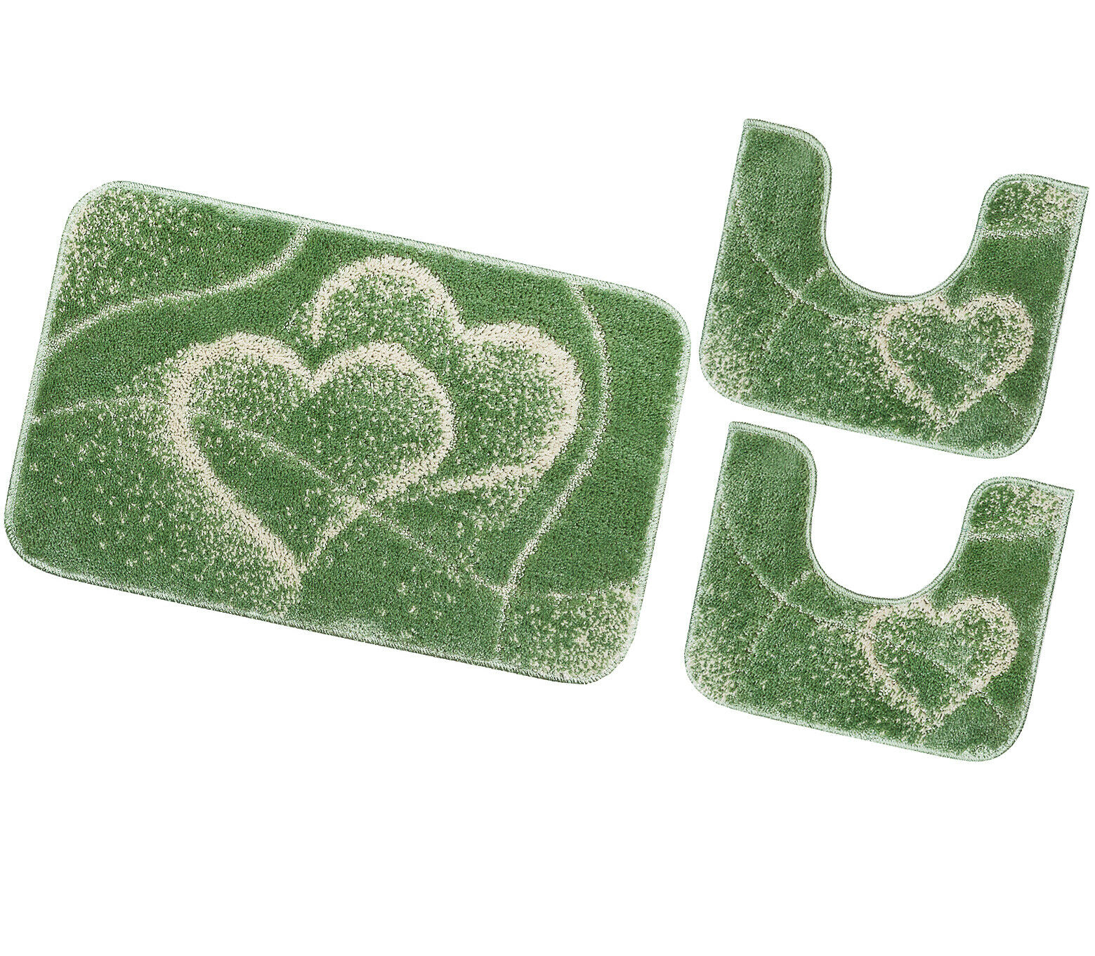 Juego de 3 alfombrillas de baño para inodoro lavabo moderna suave antideslizante absorbente color sólido corazones verde