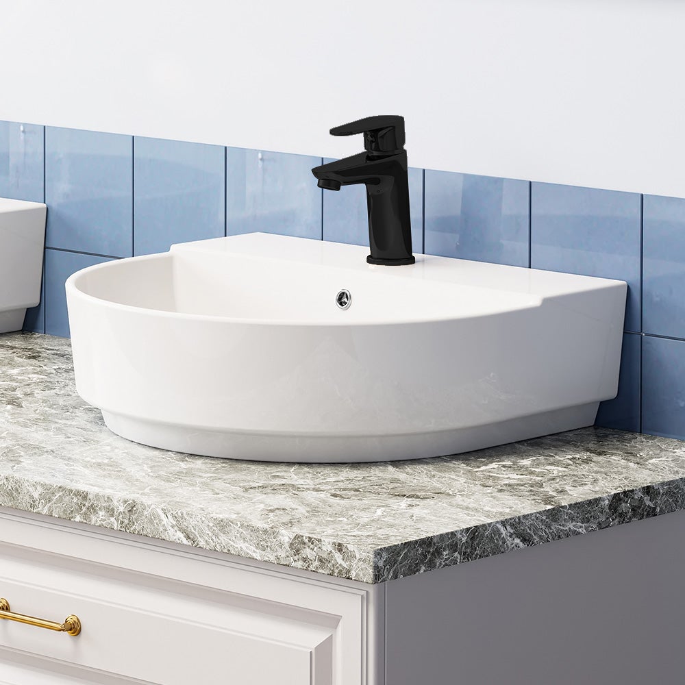 HOROW Lavabo semi-circulaire en céramique, à fixer au mur ou à poser, avec trop-plein et trou pour robinetterie, 50 x 44 cm - 3