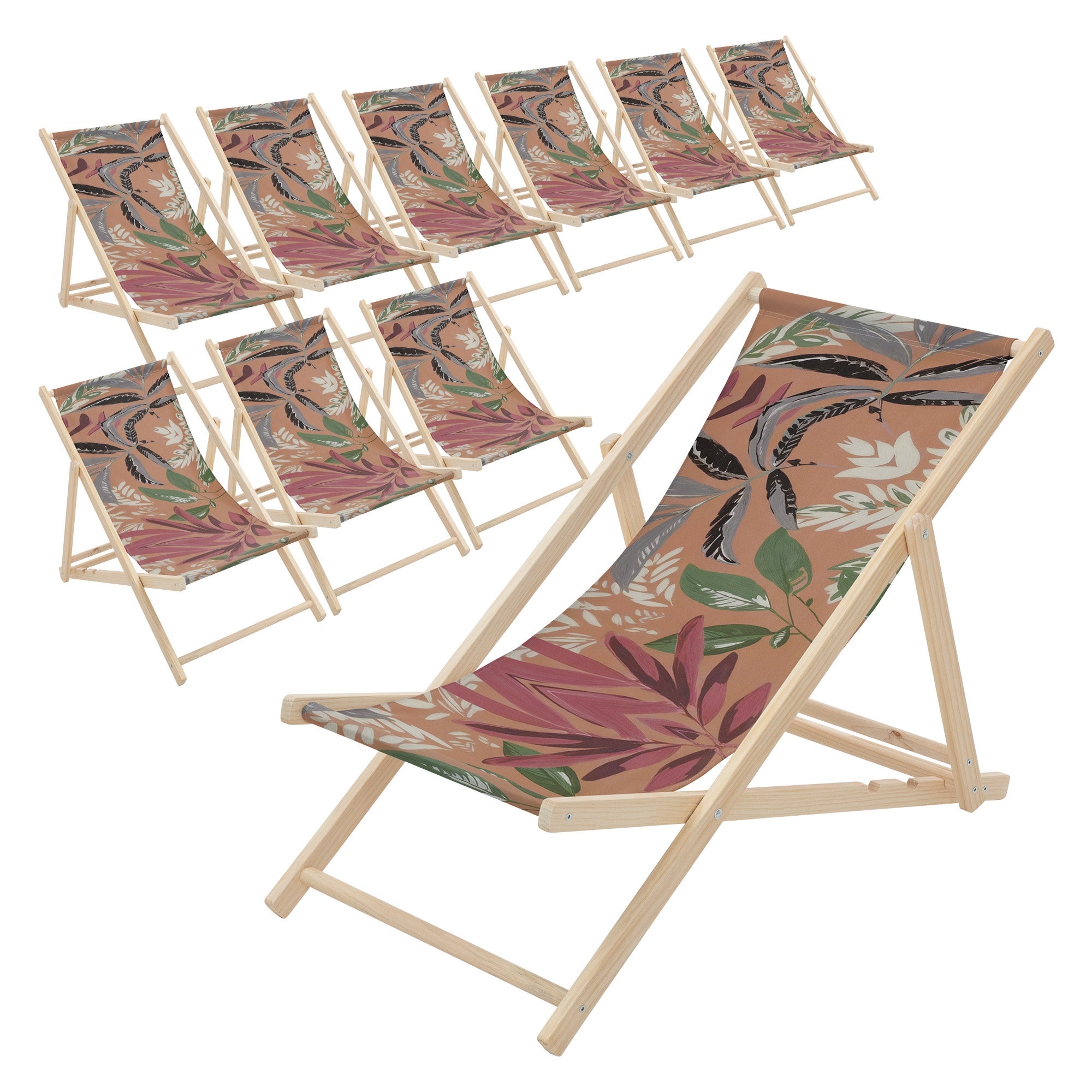 ECD Germany 10x leżak plażowy składany floral drewniany do 120 kg 3-pozycyjny regulowany oparcie krzesło relaksacyjne balkon taras ogród komfortowy