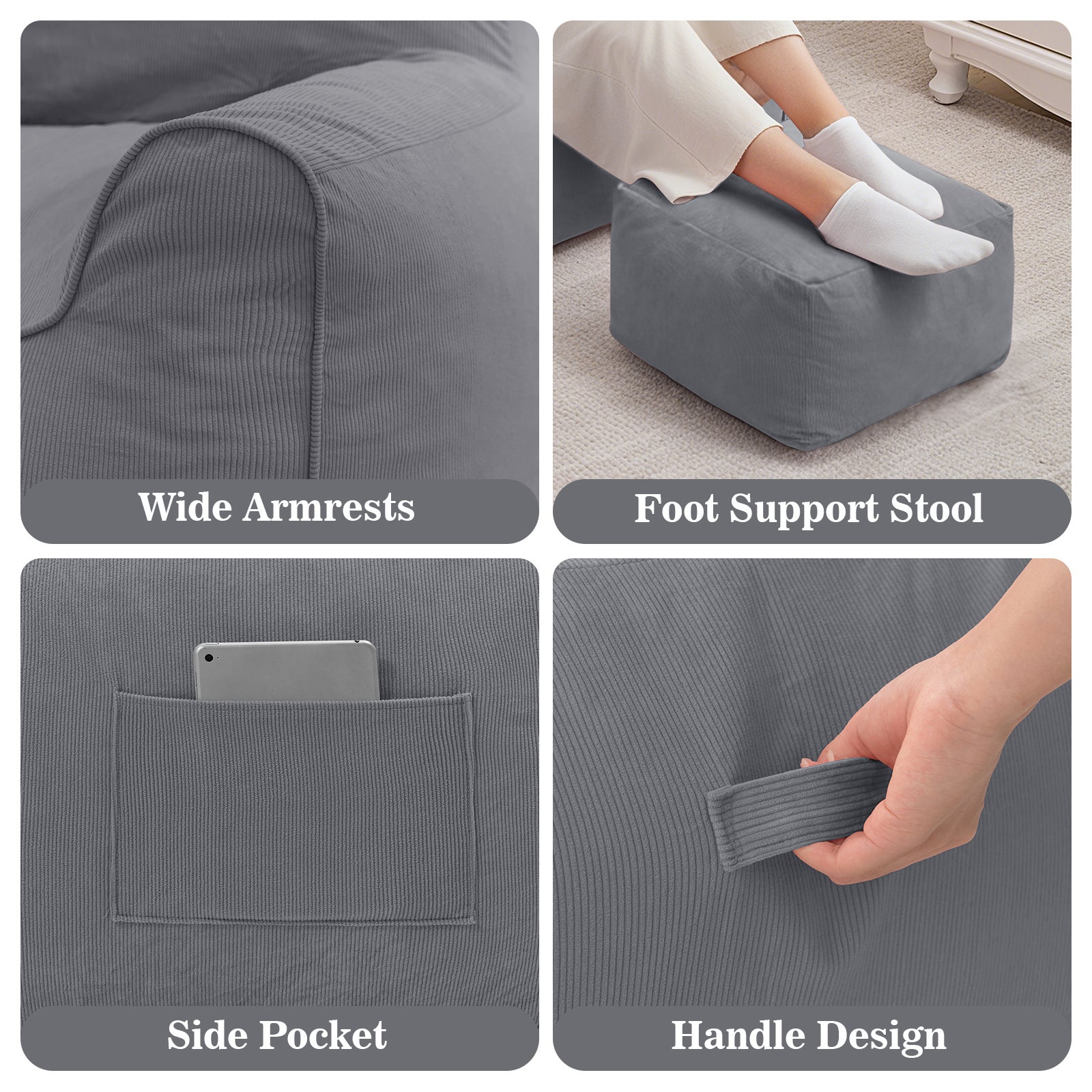 Poltrona de veludo cotelê, puff com apoio para os pés, 90x75x75cm, para quarto, sala de estar, presente de Natal - Cinza - 4