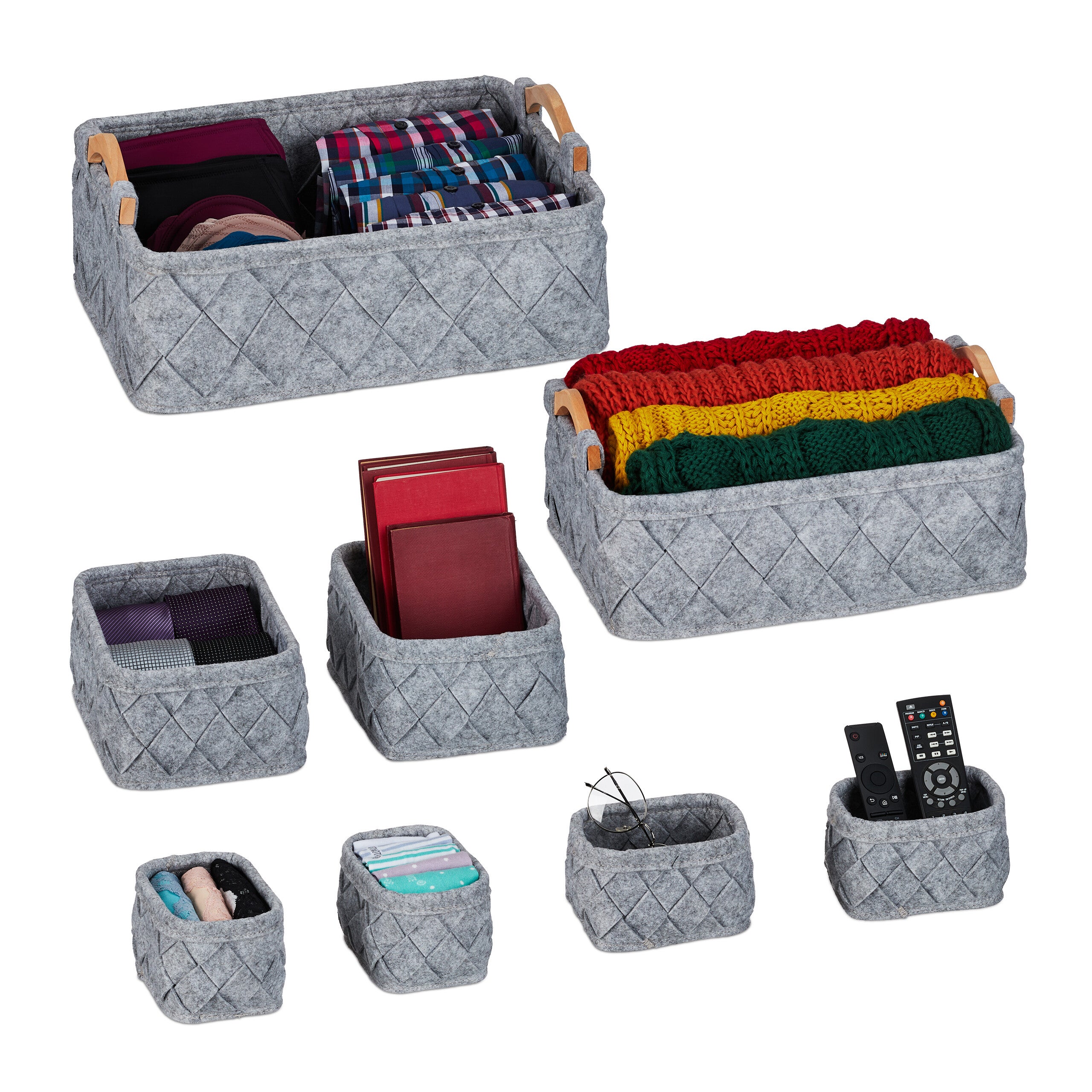 Relaxdays Set 4 Organizer Per Cassetti In Feltro Grigio, Divisori Regolabili Per Scrivania E Ufficio, 3 Misure - 3