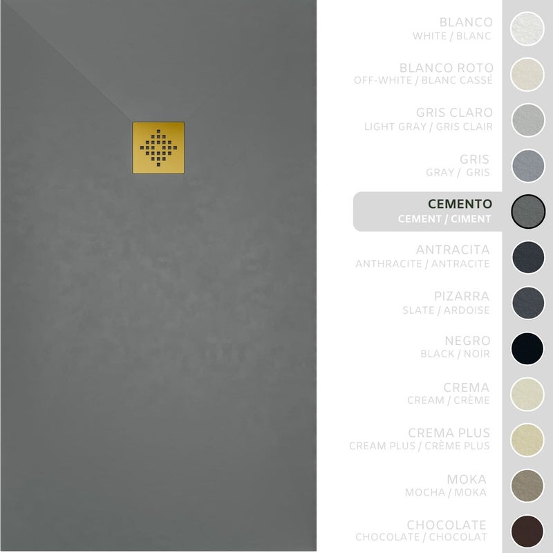 SOULHOME Brodzik prysznicowy– Żywica– Gel Coat– Gładka/Kamienna tekstura – Antypoślizgowy – cementowoszary – 210X70- Niski 3 cm– Ruszt Złoty