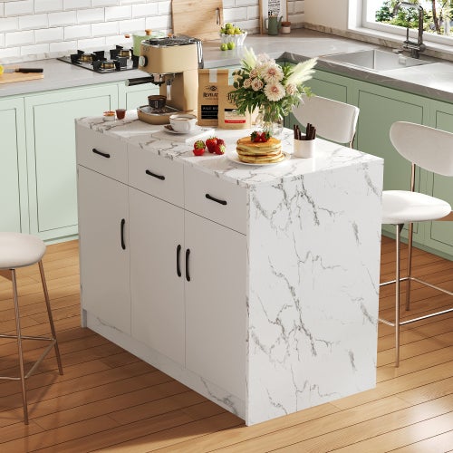 Grand îlot de cuisine 120 x 60 x 90,5 cm, 3 tiroirs et 3 portes, design en marbre blanc, étagères réglables, tiroirs silencieux, design coin bar - 3