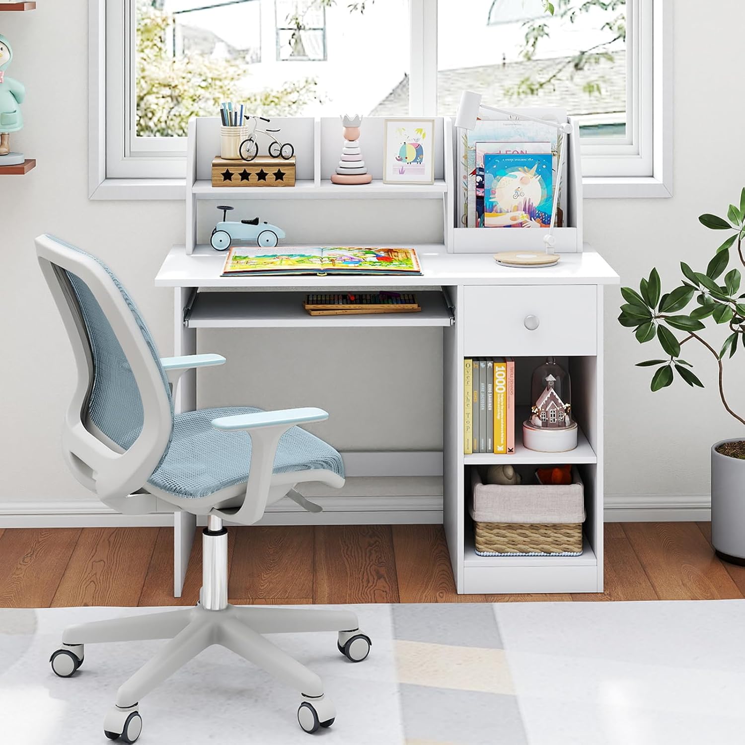 3 en 1 Bureau Enfant 90 x 45 x 90CM avec Rangement, 1 Tiroir 2 Étagères, Table Enfant en Bois avec Plateau à Clavier, Blanc - 2