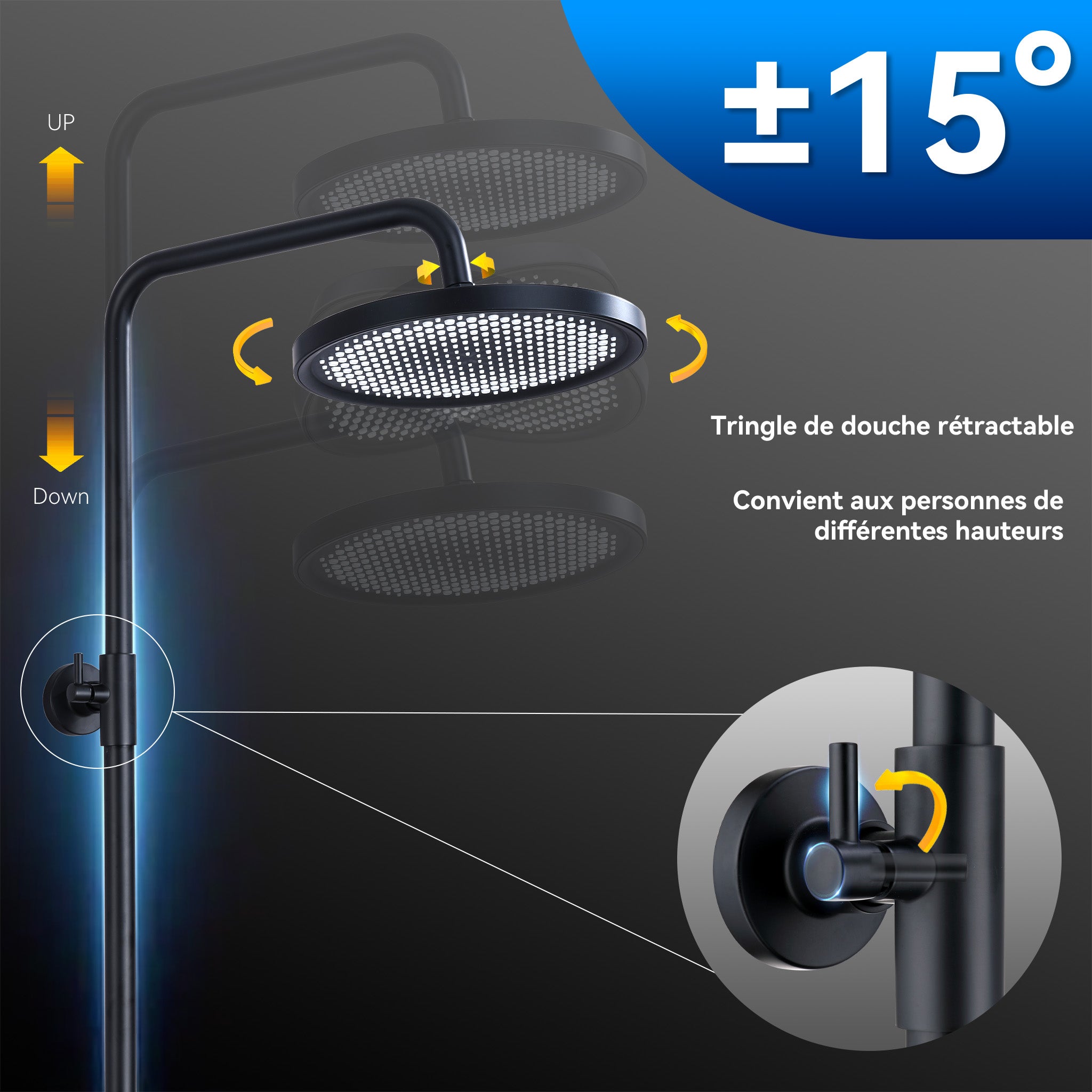 Coluna de chuveiro termostática, conjunto de chuveiro preto com 3 jatos, kit de chuveiro de mão com altura ajustável - 4