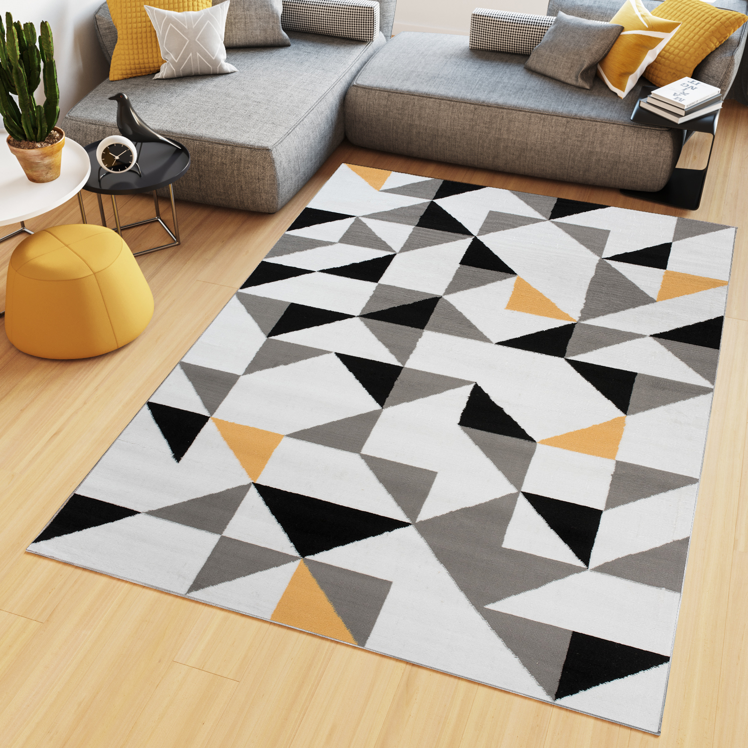 Tapiso maya alfombra de salón sala diseño moderno naranja blanco gris negro geométrico triángulos mosaico 130 x 190 cm
