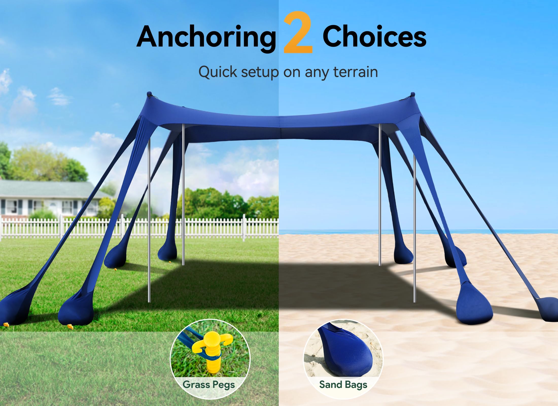 Tente de plage extérieure, pare-soleil de protection UPF50+ avec 8 sacs de sable, 10 x 10 pieds, pouvant accueillir jusqu'à 8 personnes, bleu marine - 6