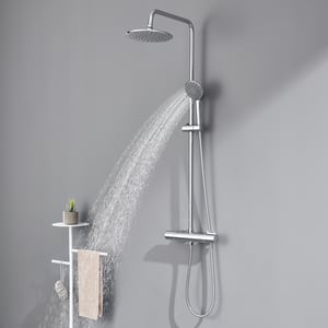 AURALUM MAX Colonne Douche avec Mitigeur Thermostatique Chromé Ensemble Douche Ronde en Laiton Système Douche Hauteur Réglable Douchette 3 Jets D'eau