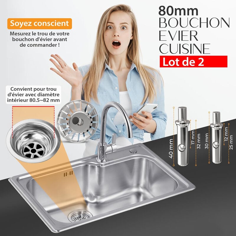 Lot de 2 Bouchon évier Cuisine 80mm - en Acier Inoxydable bonde evier Cuisine pour Un Drainage Rapide, bonde évier 80mm Anti-Obstruction - 2