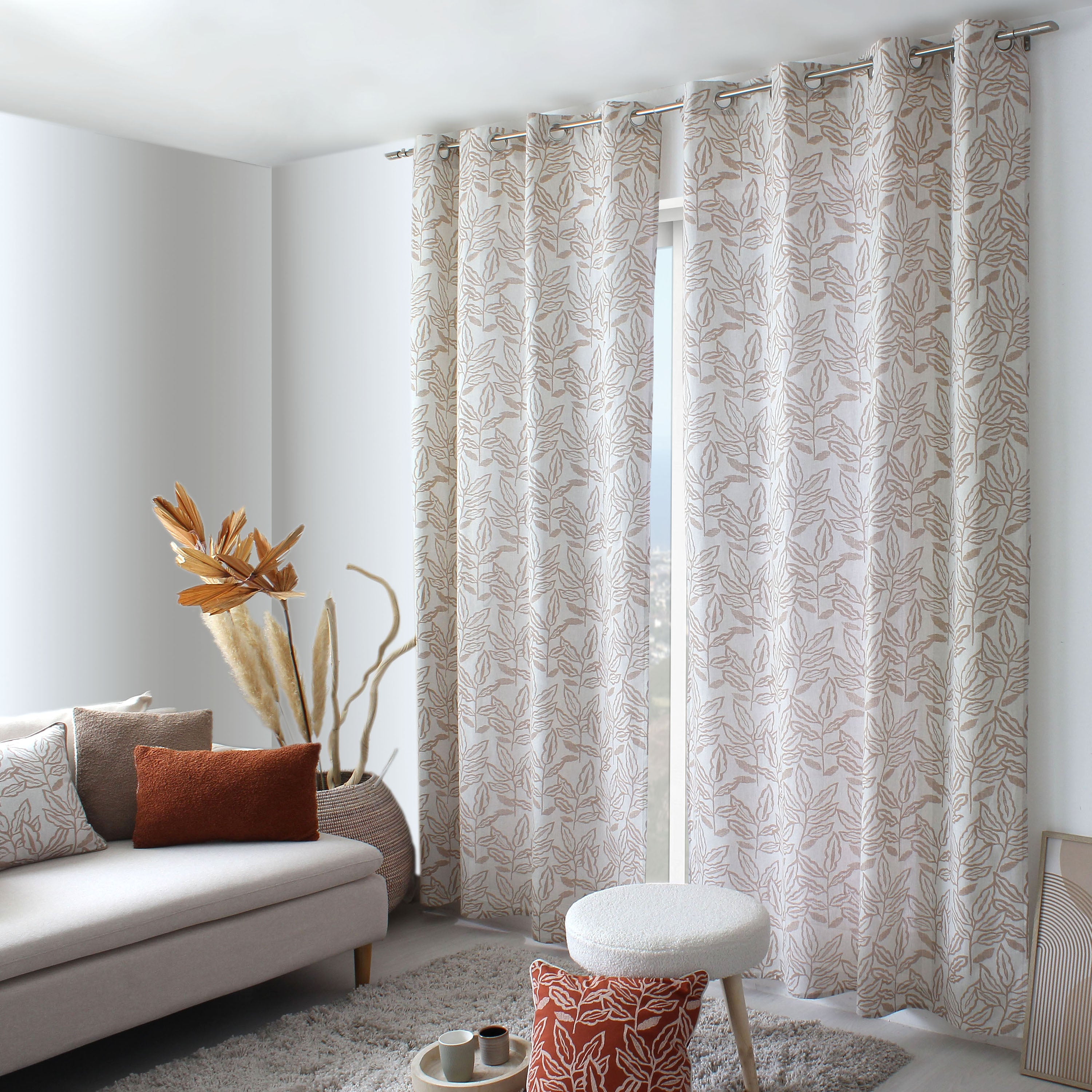 Lot de 2 rideaux à Œillets, 140x240cm, Ecru, Motifs feuilles, Coton Chambray, Collection Lodge, CMADECO - 2