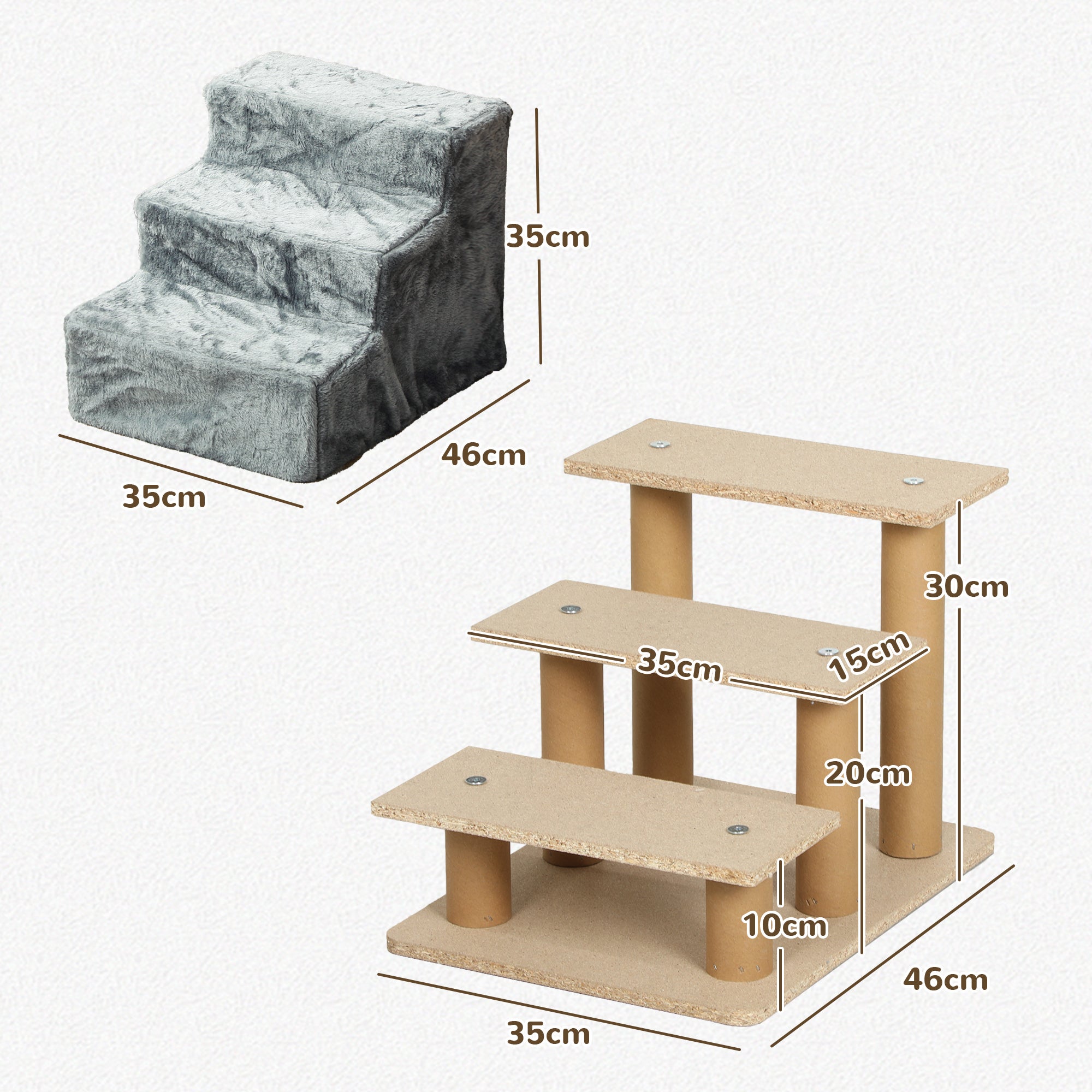 Escalera para Mascotas PawHut Melamina de Madera, Terciopelo Gris Claro 46x35x35 cm - 4