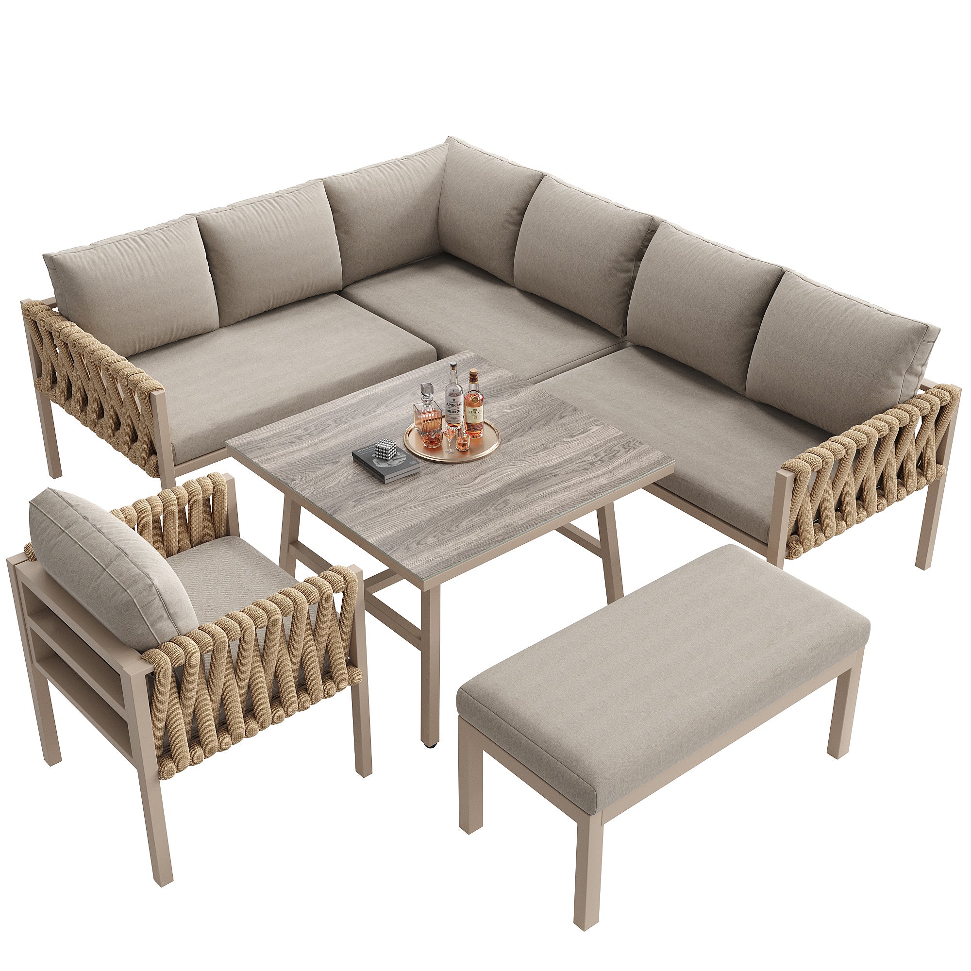 Conjunto de mobiliario de jardín de hierro forjado para 8 personas, pies de mesa regulables, con cojines de asiento y respaldo, beige - 2