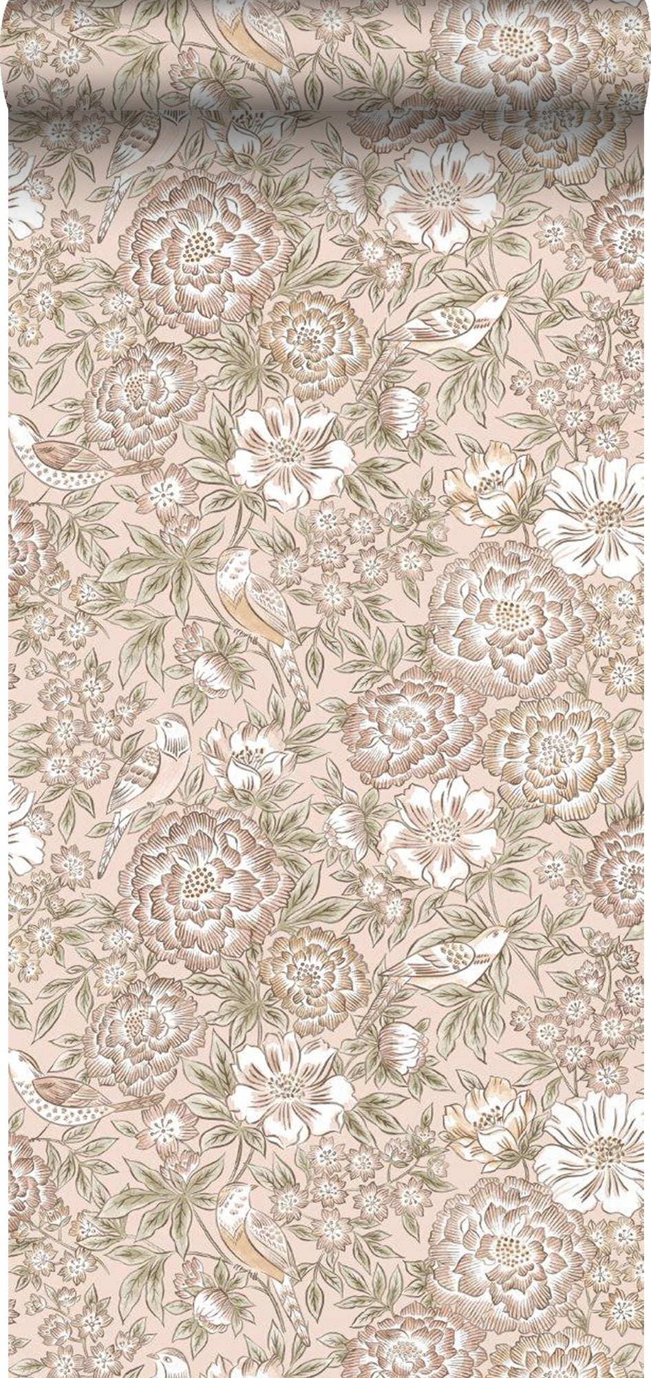 Papel pintado flores y pájaros rosa - 53 cm x 10.05 m - borastapeter