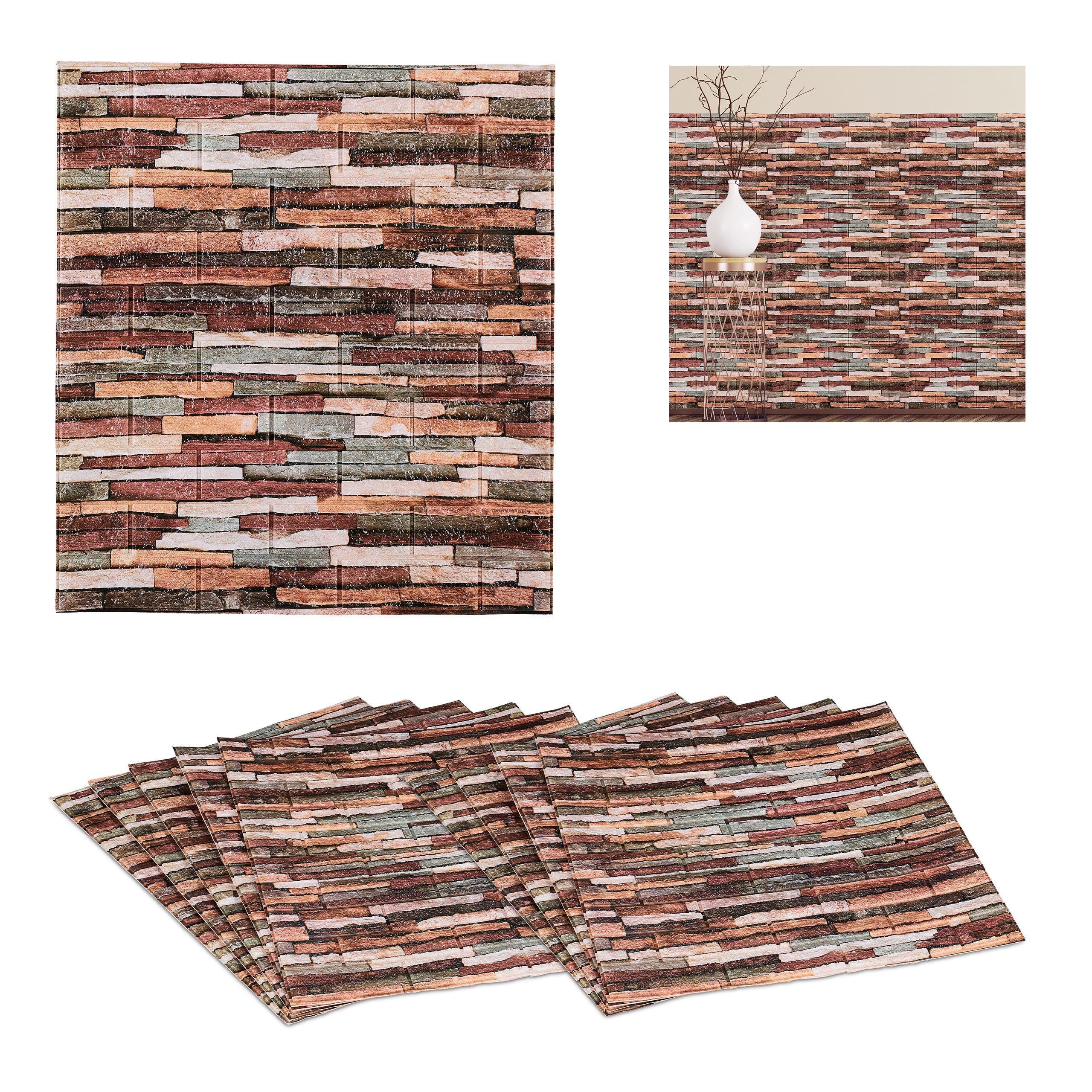 Relaxdays paneles pared, efecto piedra, set de 10, autoadhesivos, cortable a medida, 3d, 77x70cm, decoración, multicolor