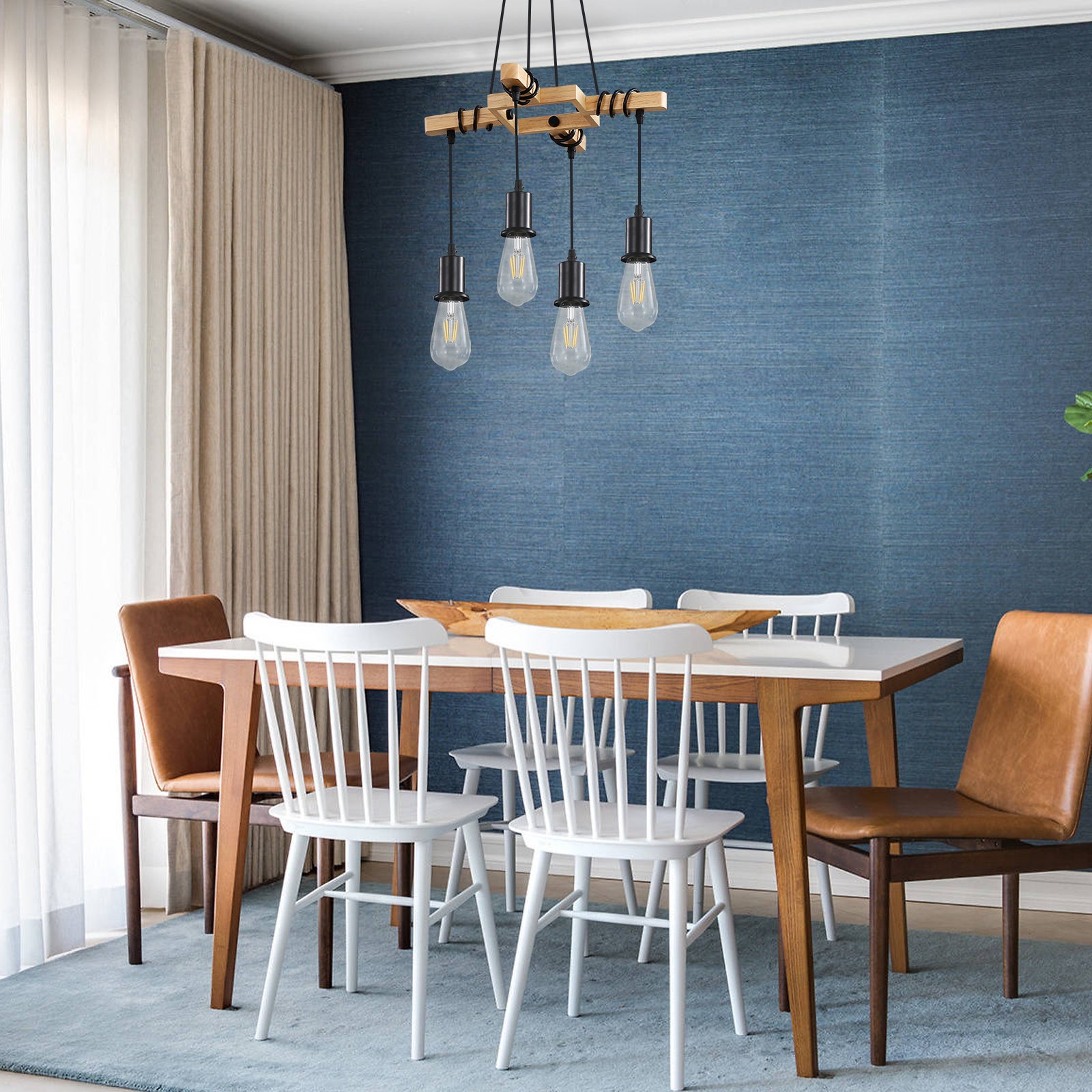 GOECO Suspension Luminaire Industrielle, Luminaire Plafonnier Vintage en Bois Noir, 4 culots E27, Lustre Industrielle pour salon Salle à manger - 8