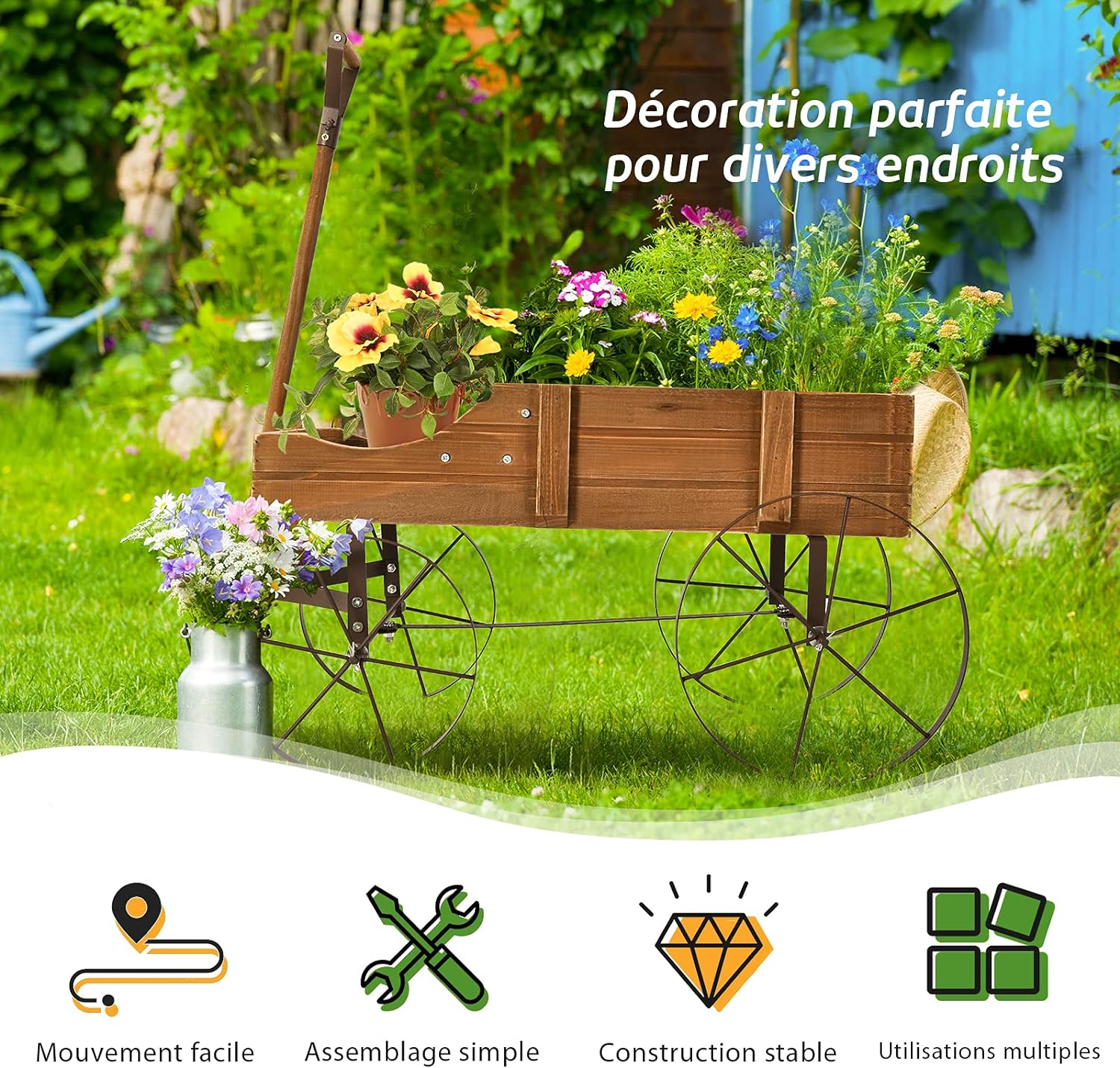 Brouette décorative en bois avec 2 compartiments à planter roues poignée charge 15kg marron - 8
