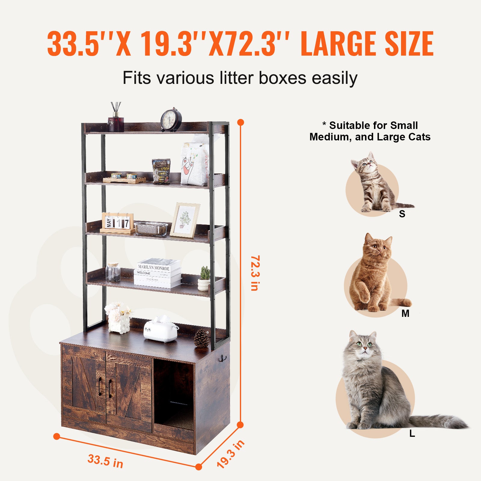 Trayage de litière pour chats enceintes,SucceBuy meubles avec 4 étagères,grande armoire pour la plupart des poubelles,33,5 x 19,3 x 72,3 pouces - 5