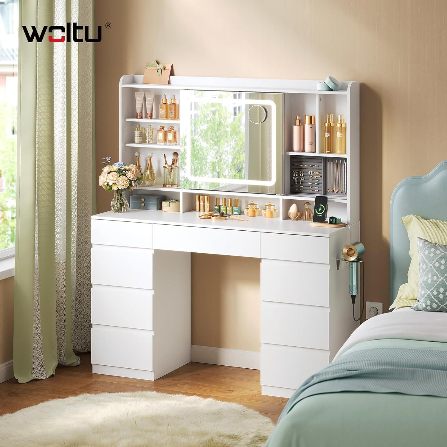 WOLTU Coiffeuse avec Miroir LED Coulissant, Grande Coiffeuse avec 9 Tiroirs, Luminosité Réglable, en Bois, Blanc - 2