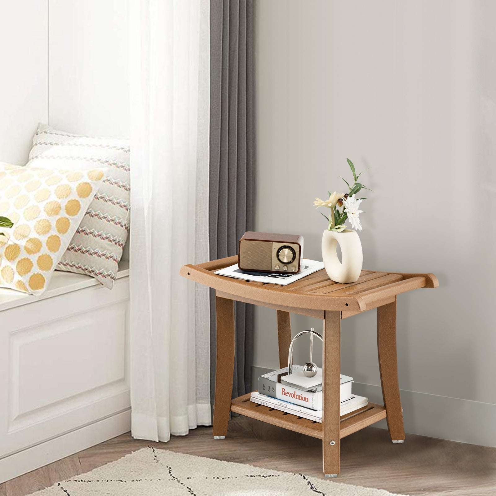 Tabouret Salle de Bain 2 Niveaux en PEHD Étanche, Banc de Douche Antidérapants Siège Incurvé pour Enfants et Adultes Charge 150kg, Marron - 9