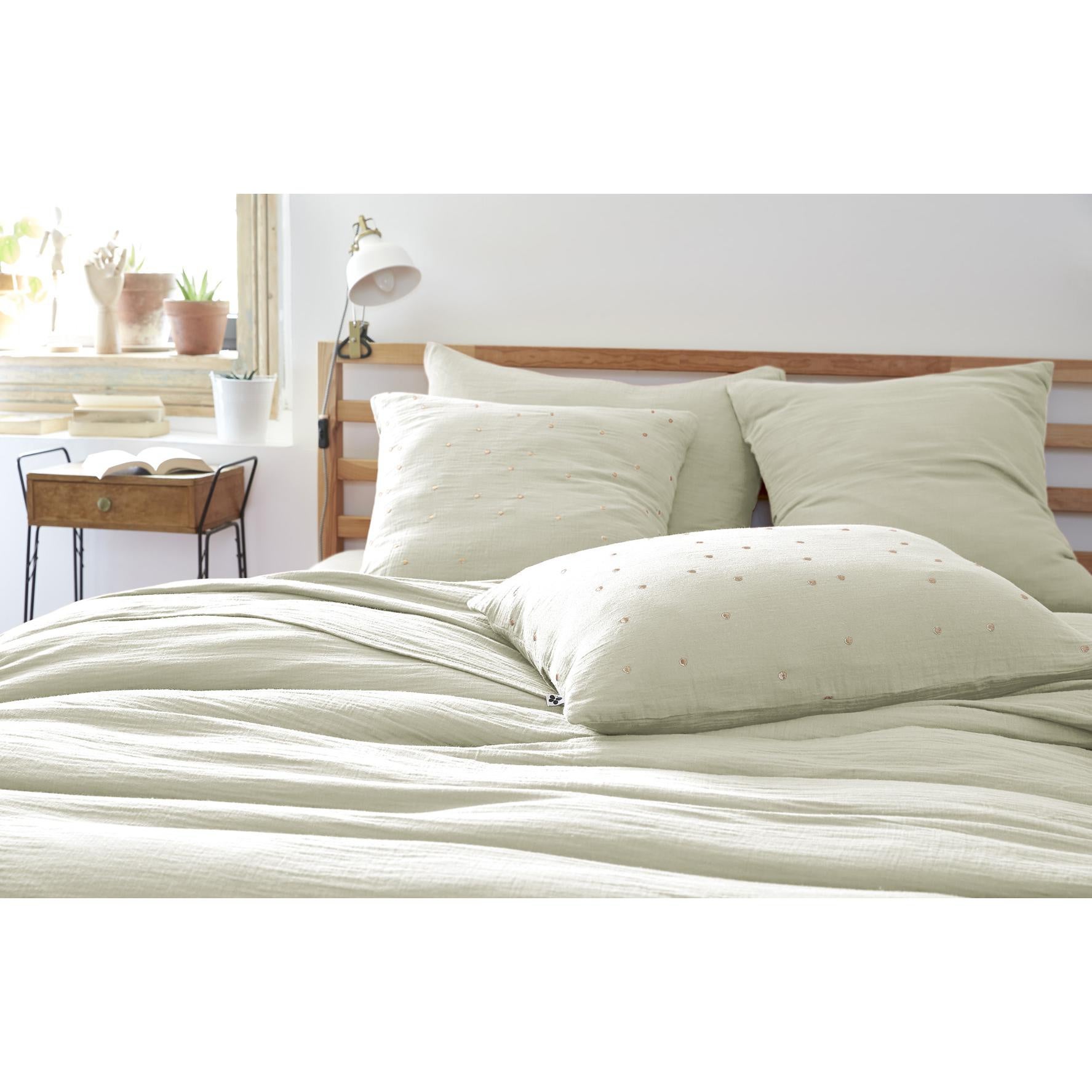 Taie d’Oreiller 60 x 60 cm – Gaze de Coton Brodée Fil Or – Gaïa Chic Vert d'eau - 2