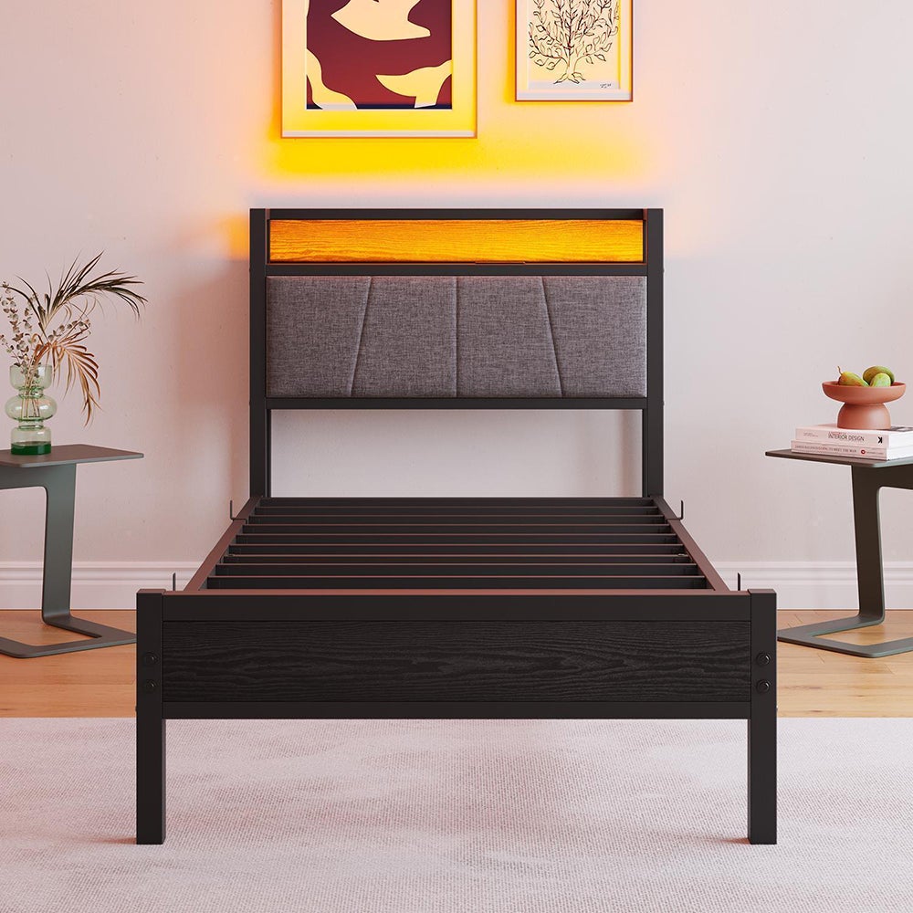 Łóżko dla dorosłych z inteligentnym oświetleniem LED i portami USB, metalowa konstrukcja, czarne - 90 x 200 cm - 6