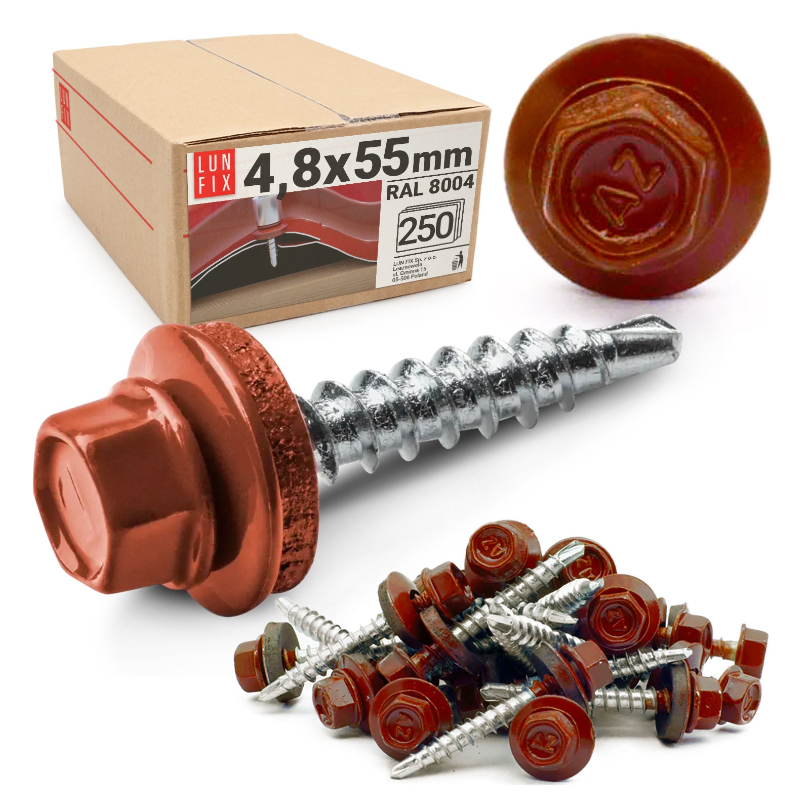 Blachowkręty wkręty farmerskie 4,8x55mm RAL804 miedziany 250szt.