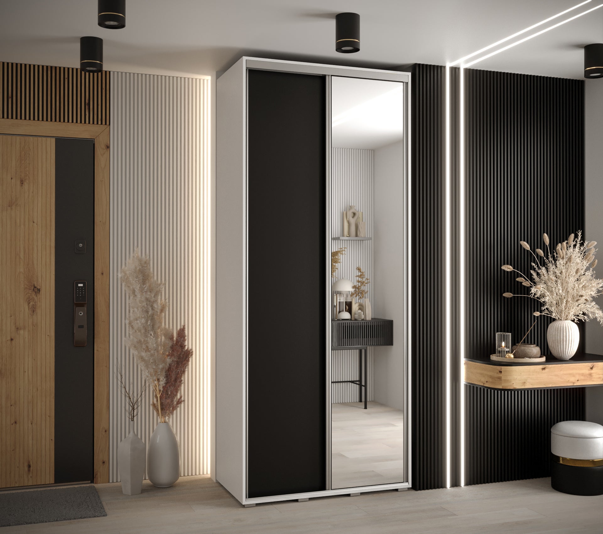 Szafa przesuwna z lustrem wysoka Davos 3 100 x 60 x 235,2 cm biały + czarny + u. srebrny - Abiks Meble - 2