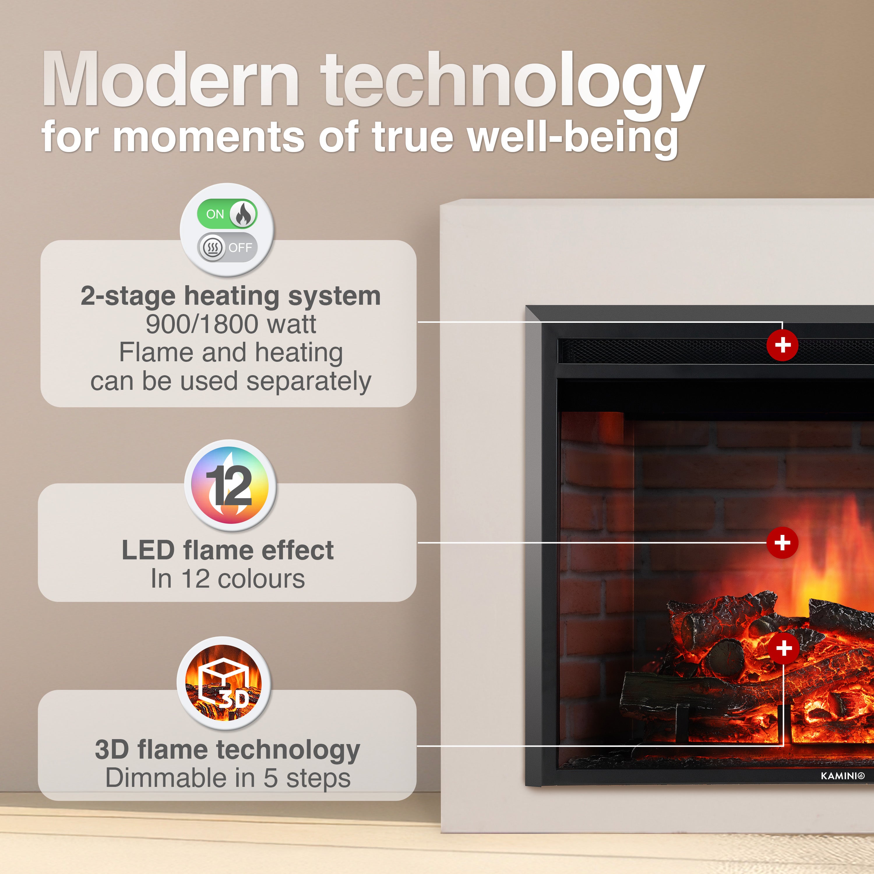 KAMINIO Cheminée électrique LUCA - Cheminée encastrable avec chauffage, effet de flamme 3D, 12 couleurs de flammes, télécommande - 23 pouces - 3