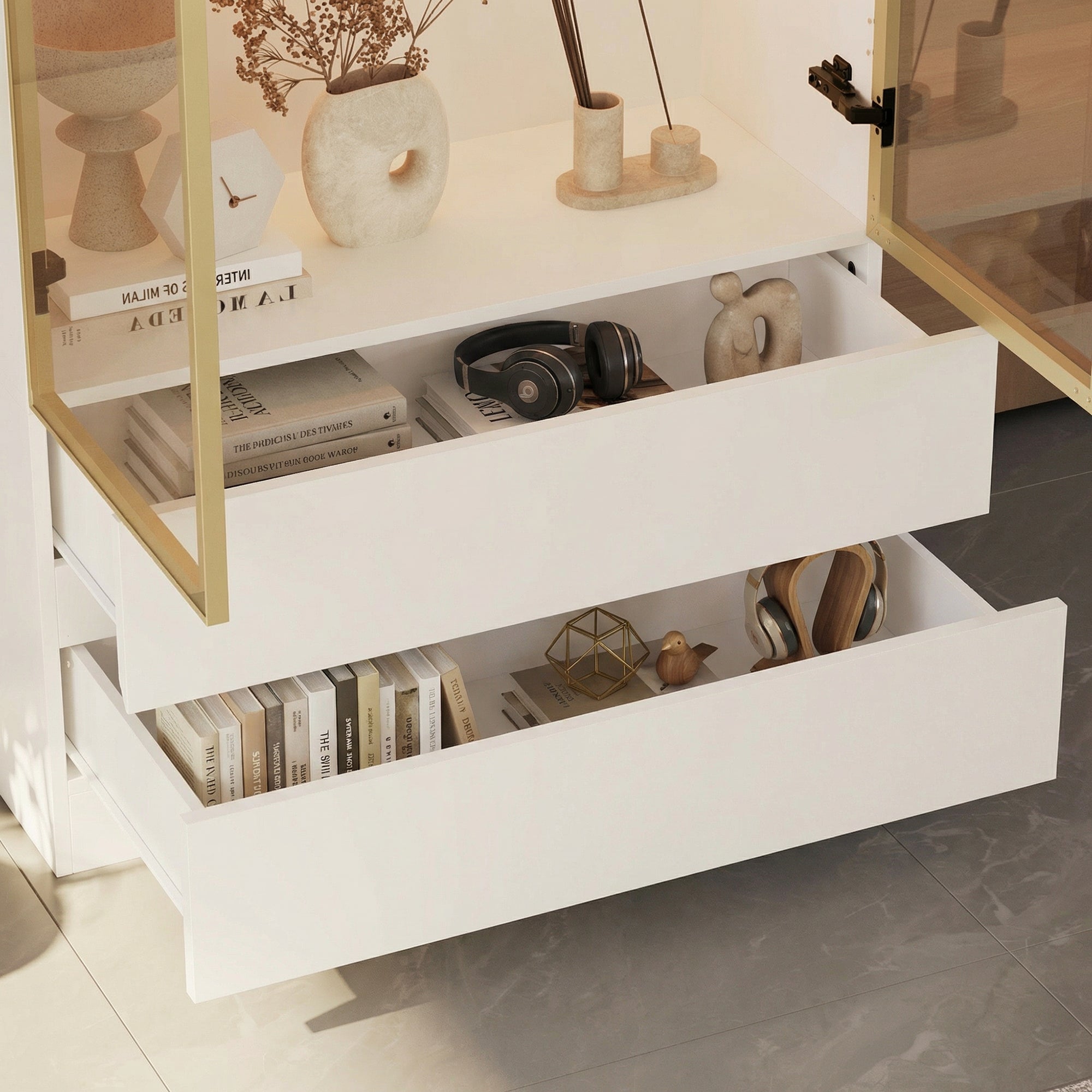 Vitrine à Lumières LED 3 couleurs, Armoire de Collection avec 2 Portes en Verre et 2 Tiroirs, Bureau et Salon, 80x36x200, Blanc - 5