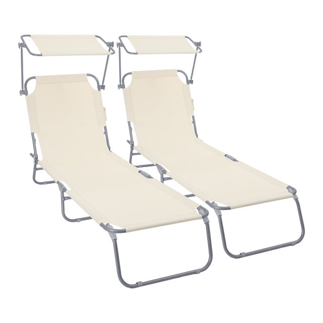 2x Tumbonas Plegables con Parasol Ajustable Tumbona Playa Reclinable Respaldo Regulable 4 Posiciones Tejido Poliéster Beige