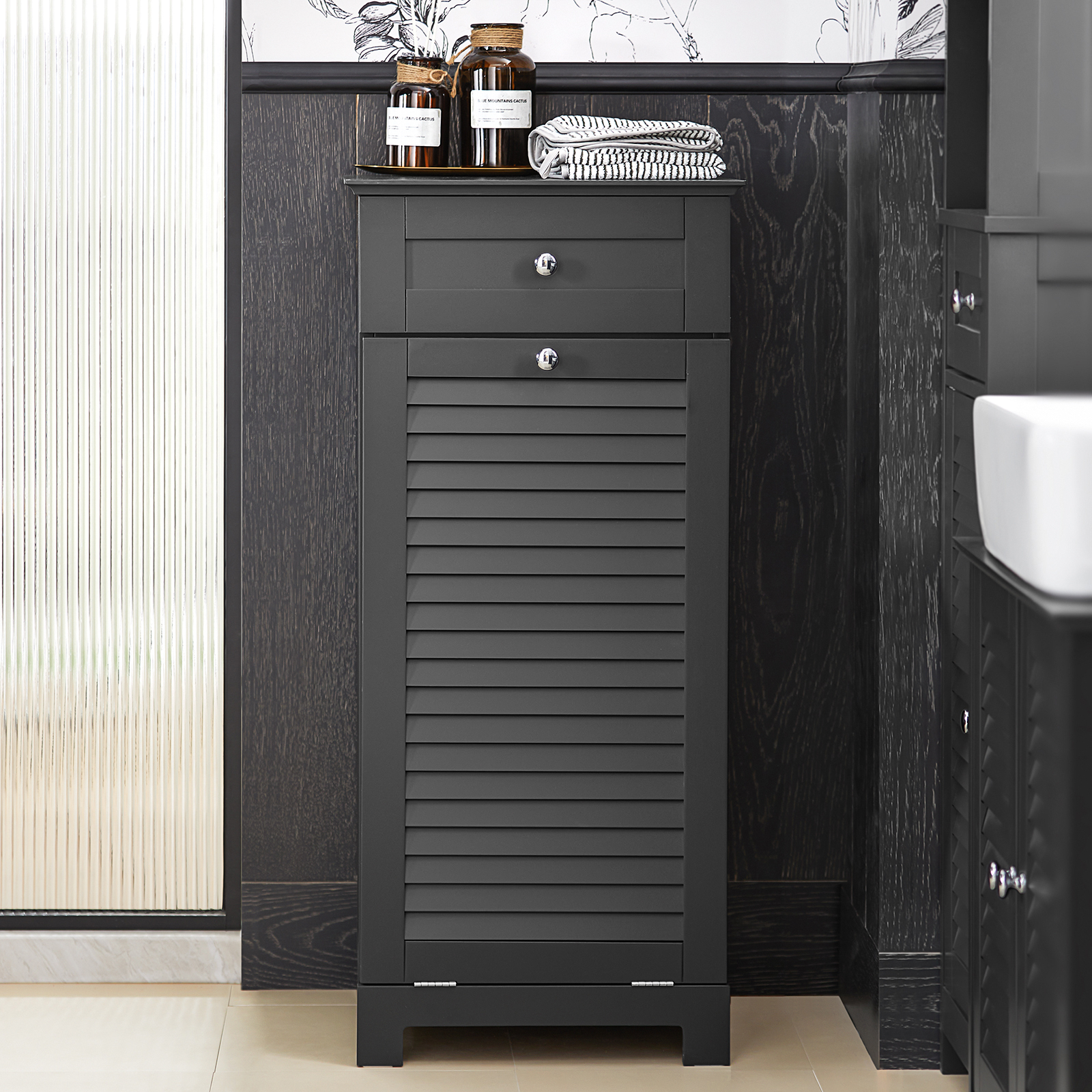 Armario para Ropa Sucia Mueble Multifuncional para Baño con 1 Cesto y 1 Cajón Gris 40 x 38 x 90 BZR73-DG SoBuy ES - 9