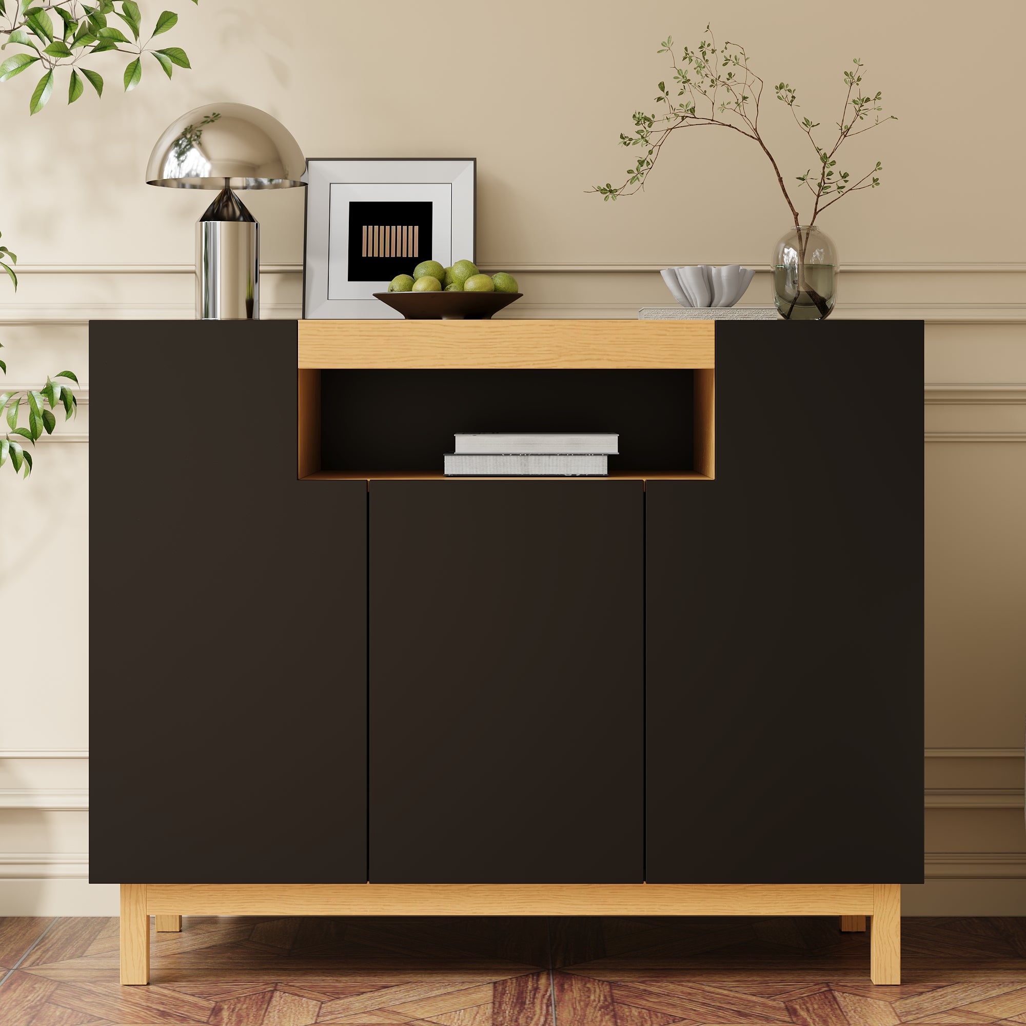 Komoda niska z 3 drzwiami i 1 przegrodą - 120,5 x 42 x 96 cm - Płyta wiórowa - Czarny