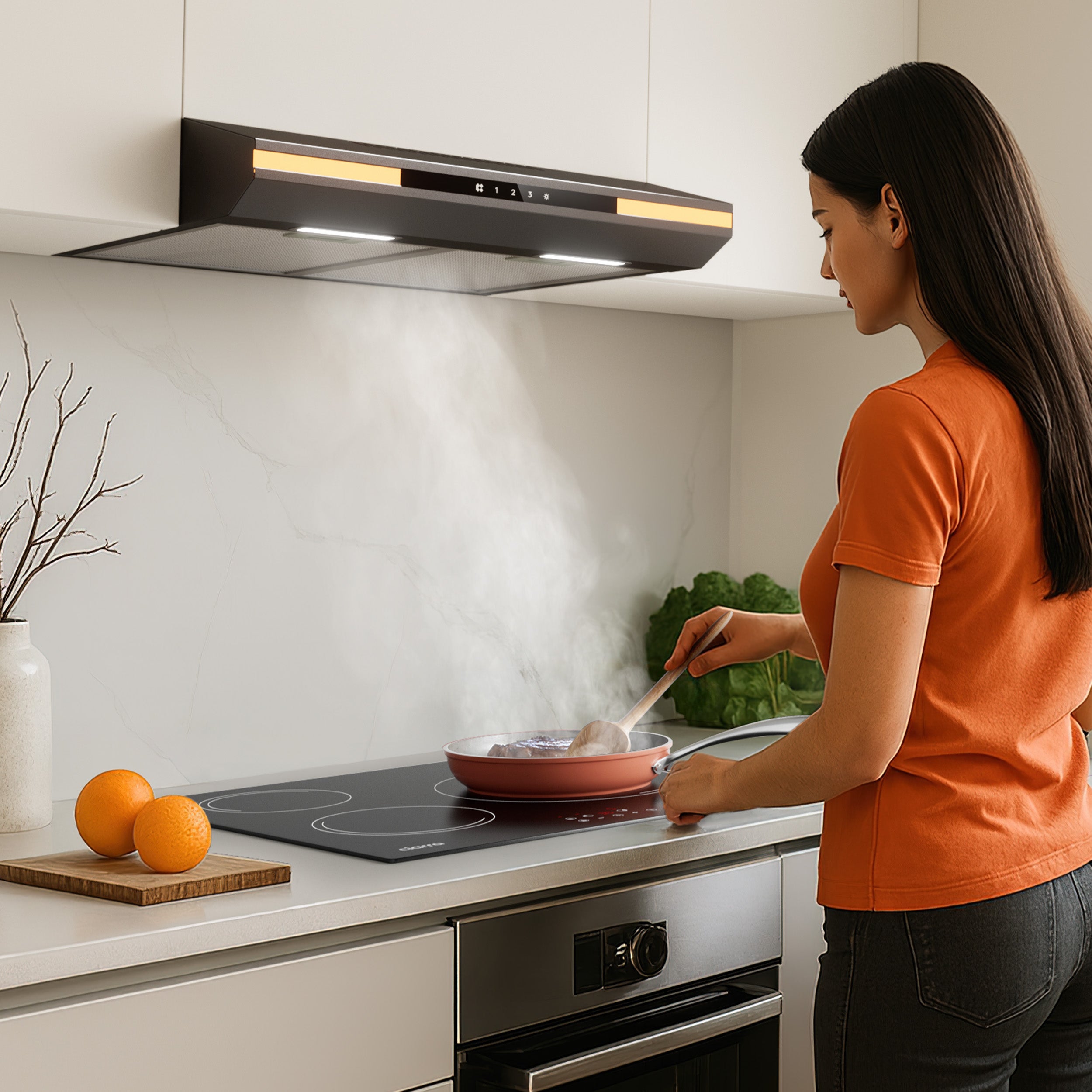 CIARRA Hotte casquette 60cm 320m³/h A+ 3 Vitesses Touche Tactile LED Affichage Recyclage et Évacuation Noir CD6921B - 7