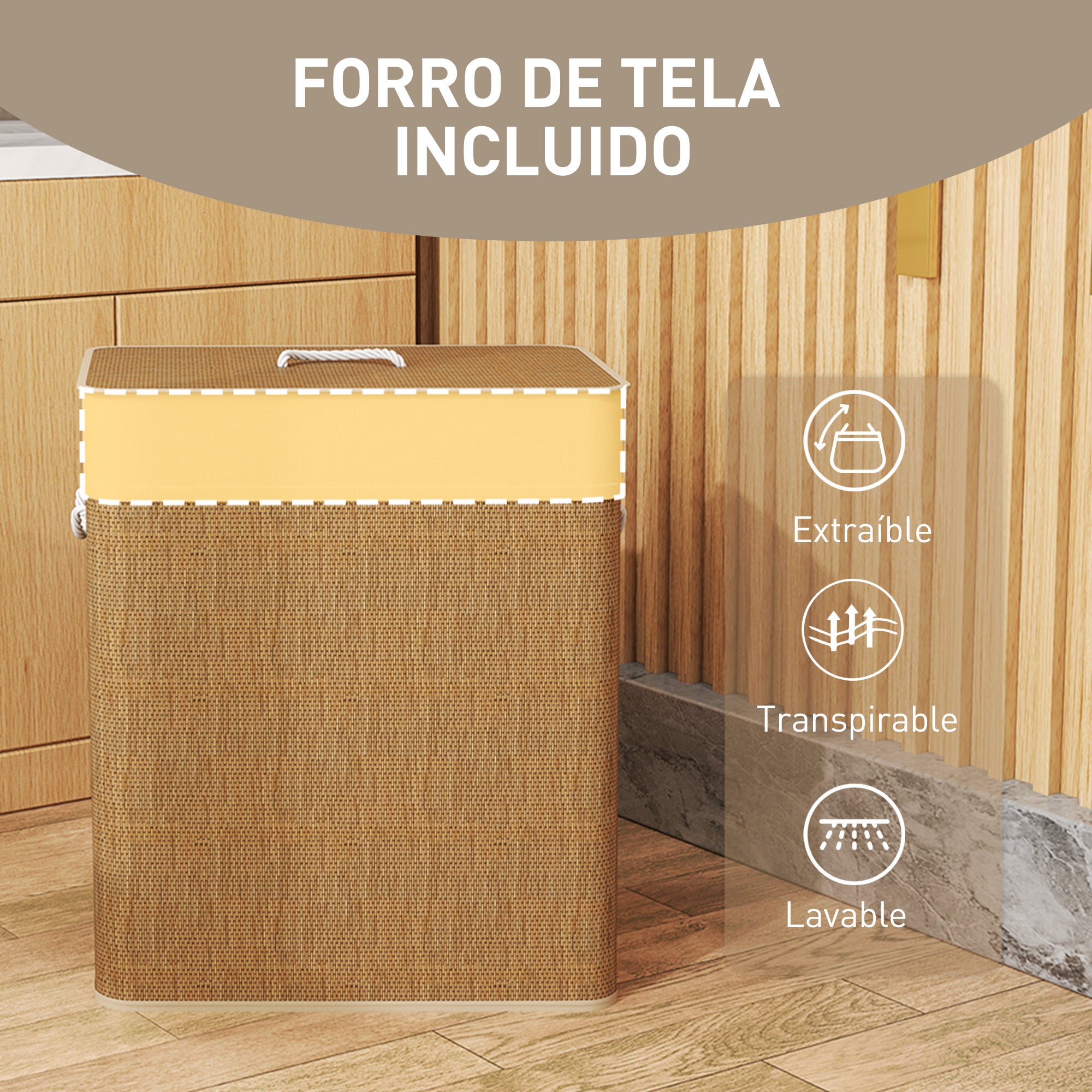 Cesto para Ropa HOMCOM Bambú Marrón 52x32x63 cm - 7