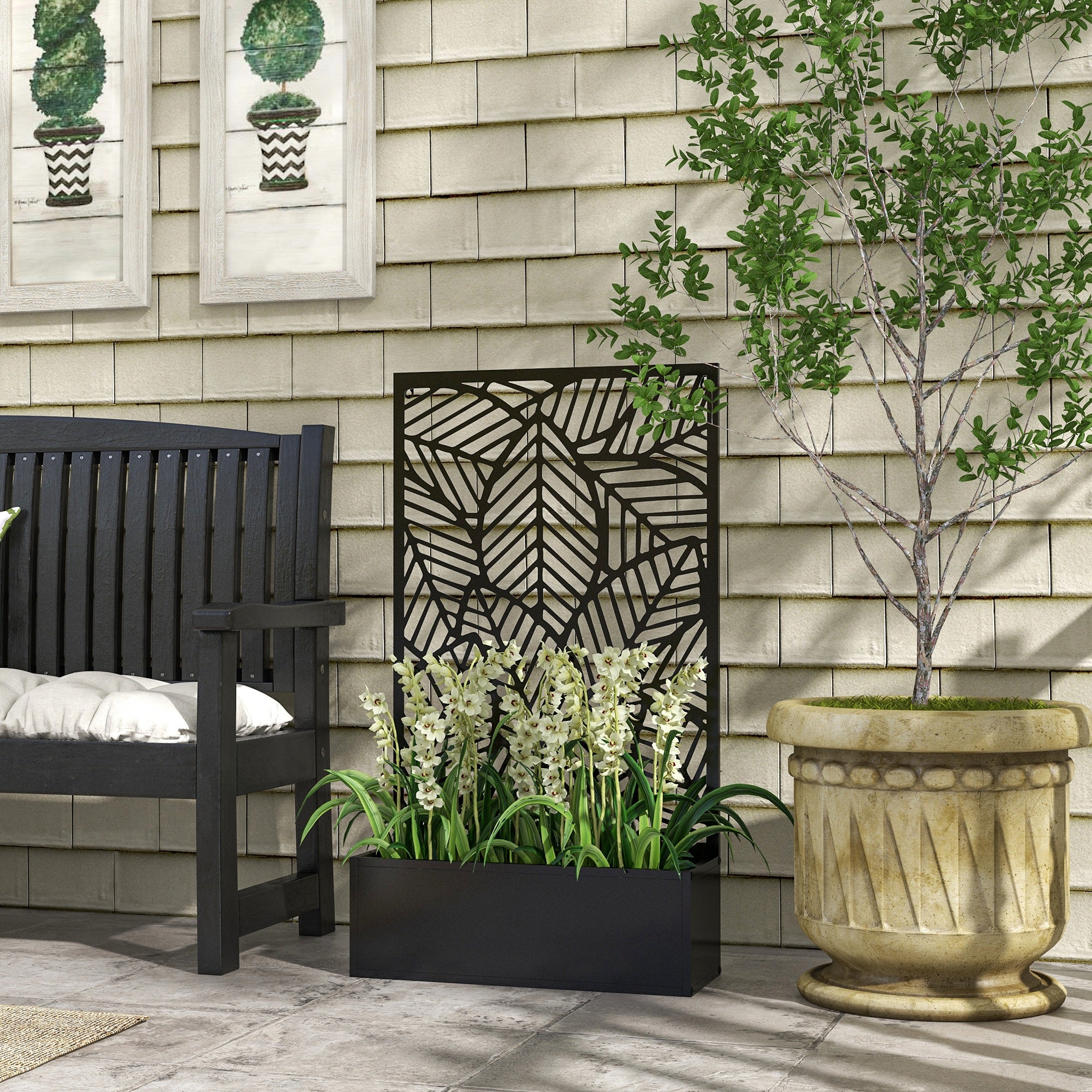 Jardinière avec brise-vue paravent treillis pour Plante Grimpante, bac à Fleurs - dim. 61L x 23l x 113H cm - 3
