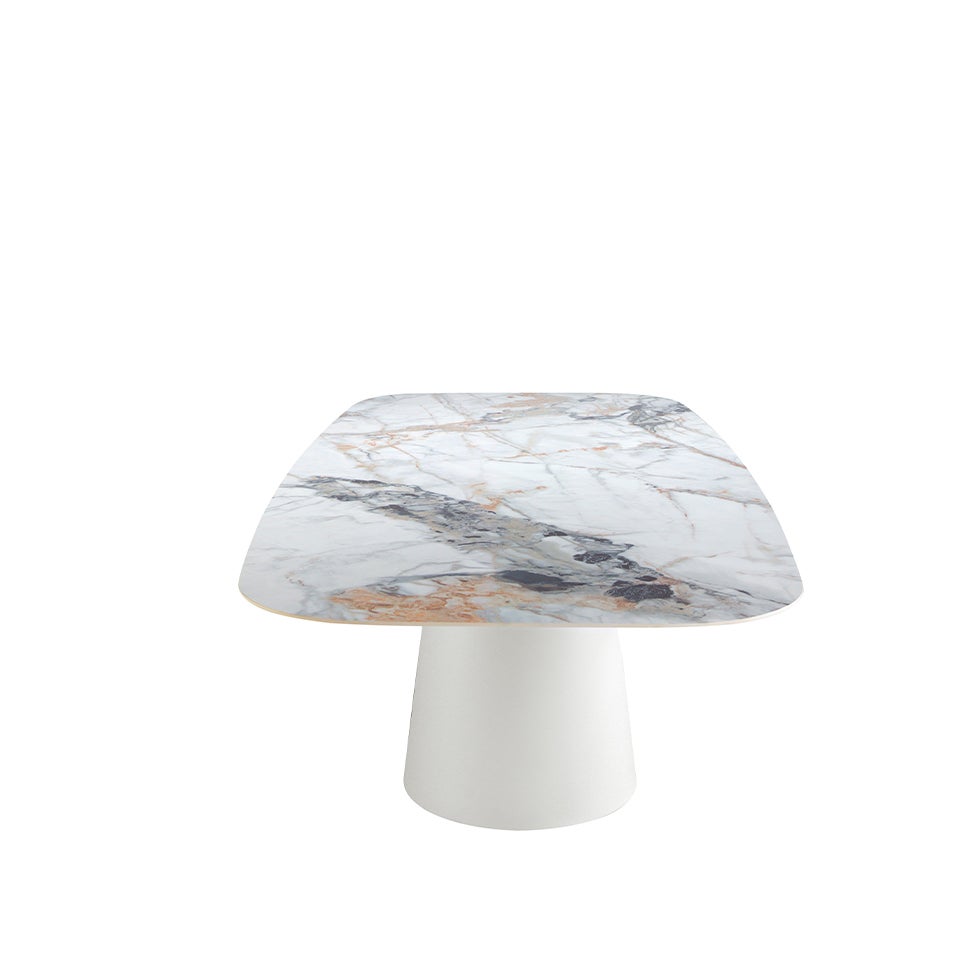 ANGEL CERDA Mesa comedor ovalada barril mármol porcelánico y acero blanco - 6