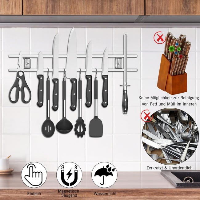 Porte-Couteaux Magnétique 40cm avec 4 Crochets - Support Magnétique en Acier Inoxydable pour Couteaux de Cuisine - 4